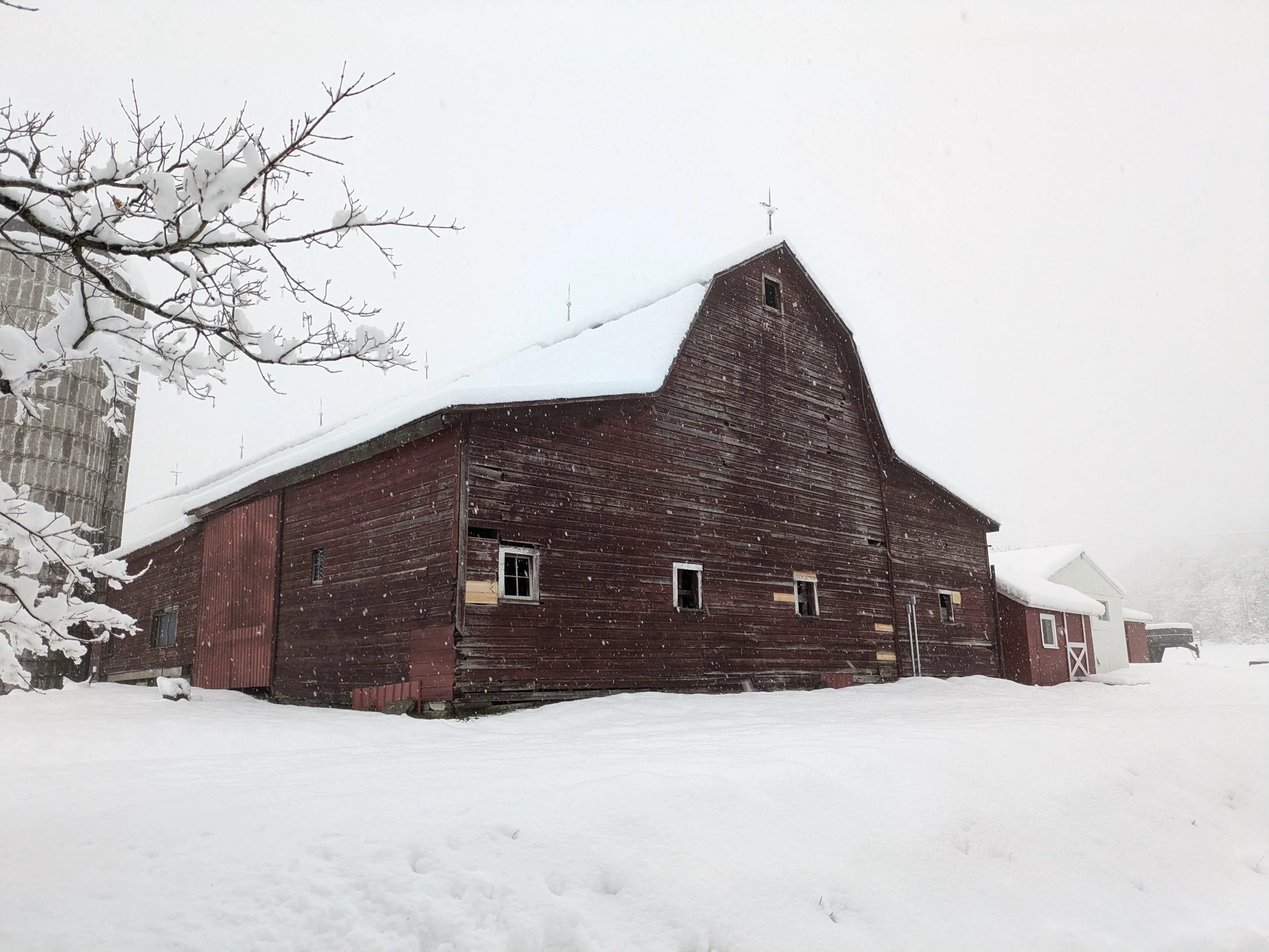 A red barn with a snow-covered roof and small windows, set against a snowy landscape with a tree and overcast sky.