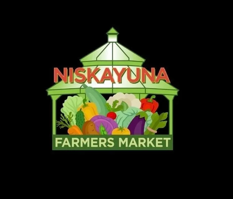 Logo of Niskayuna Farmers Market featuring a green market stall with various vegetables, with the text 'Niskayuna Farmers Market' and a crown-shaped top.