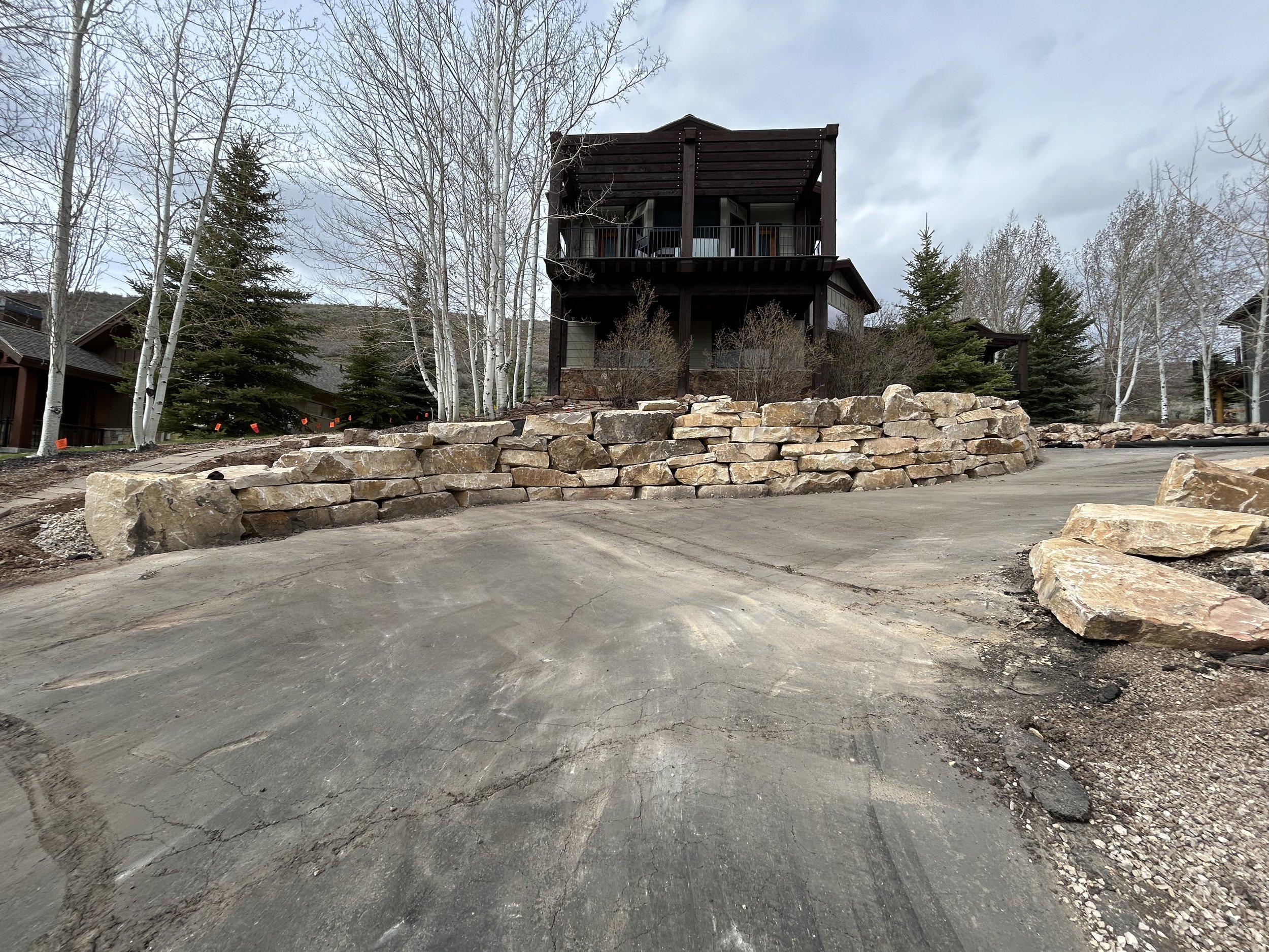 A residential area with a stone retaining wall, a sloped driveway, and house surrounded by trees with no leaves, under a cloudy sky.