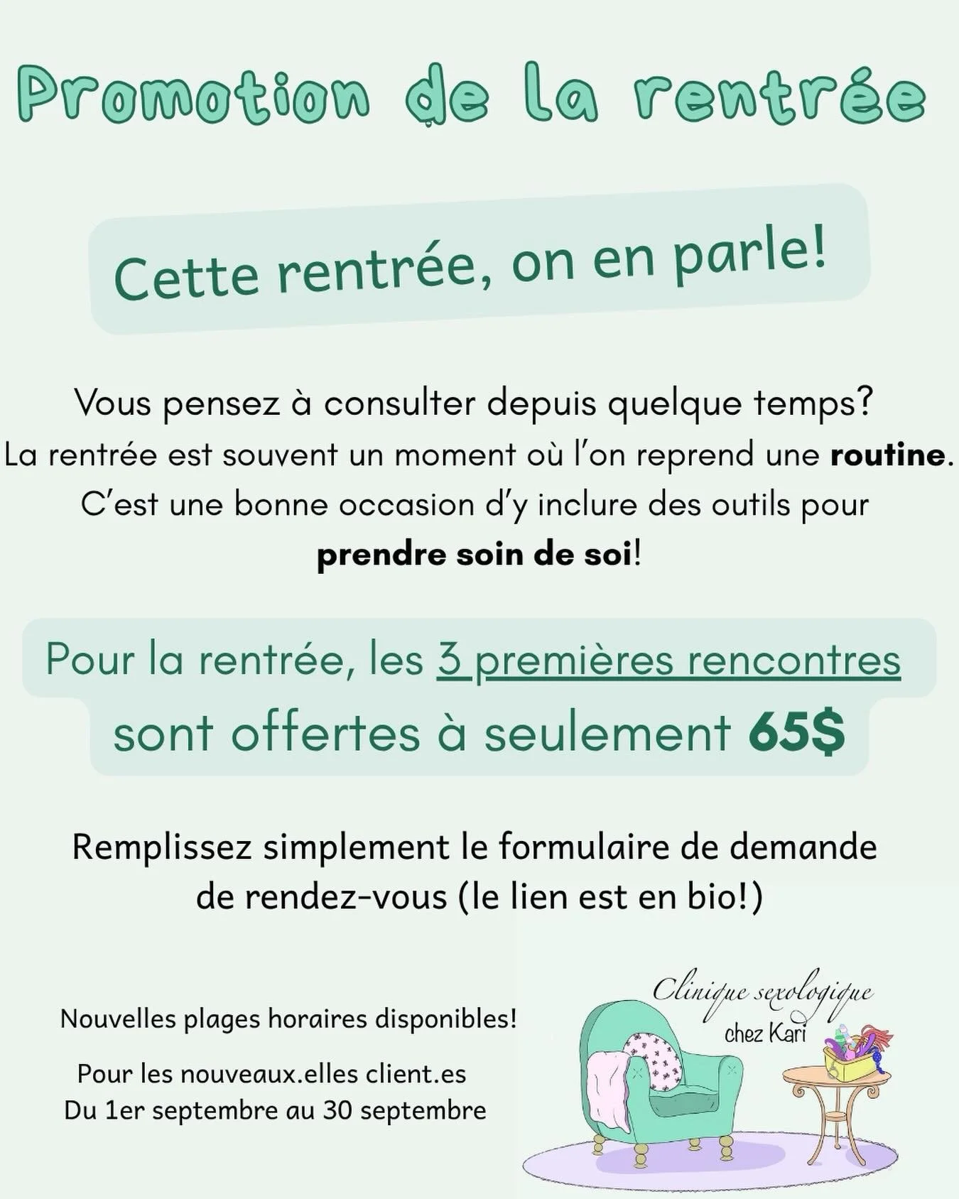 Et si cette rentr&eacute;e, vous preniez aussi soin de vous? 📚✏️✂️

🍏 Remplissez simplement le formulaire de demande de rendez-vous - le lien est dans la bio : https://www.cliniquesexologique-chezkari.com/prendre-rendez-vous