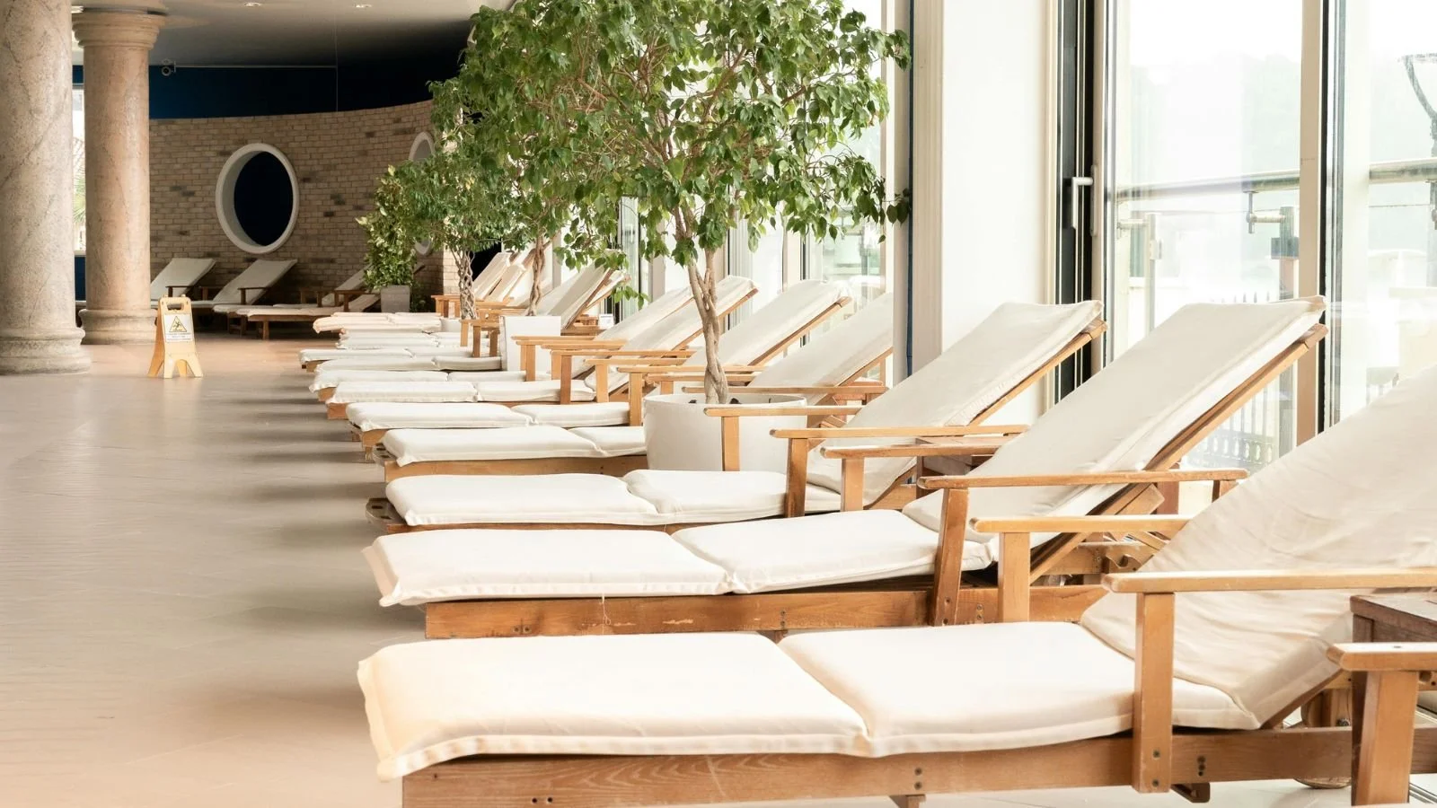 Row of white lounge chairs with wooden frames, lined up along large glass windows, with some potted trees and a brick wall in the background.