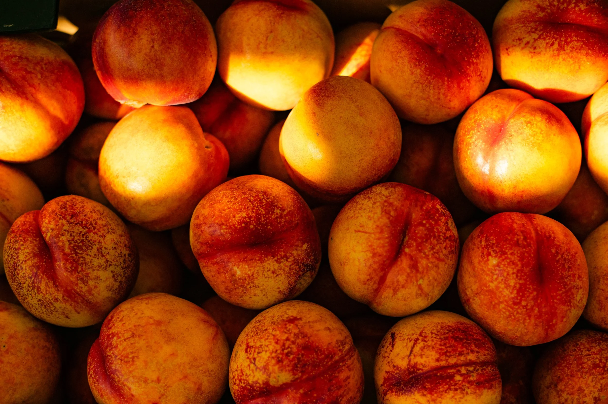 A close-up view of multiple ripe peaches in warm lighting