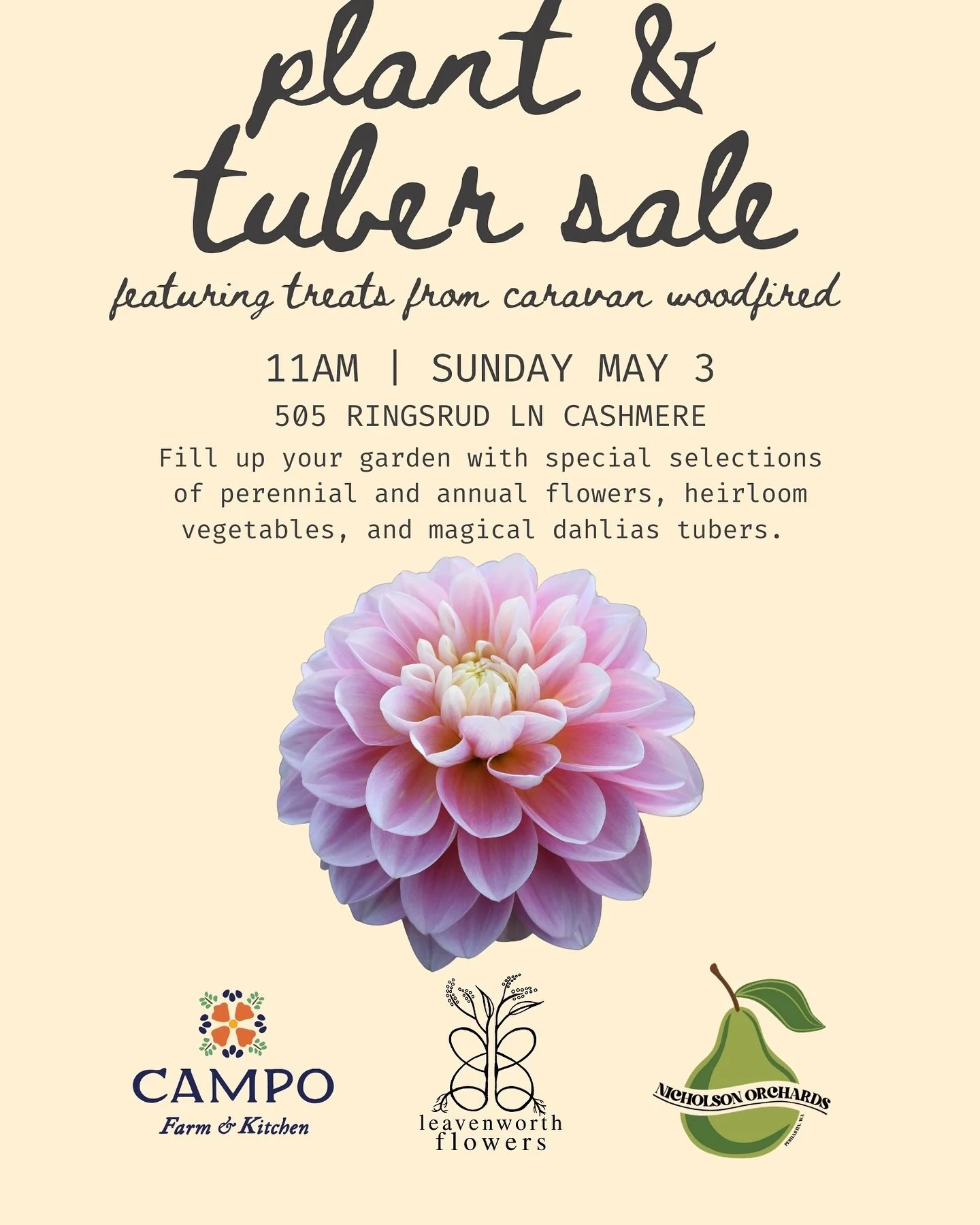 Save the date, friends!!!! 🌷

I&rsquo;m joining forces with my sweet pals Katie @campofarmandkitchen and Brooke @leavenworthflowers for a dreamy little spring sale out at Katie&rsquo;s farm in Cashmere. We&rsquo;ll have plant starts, DAHLIA TUBERS, 
