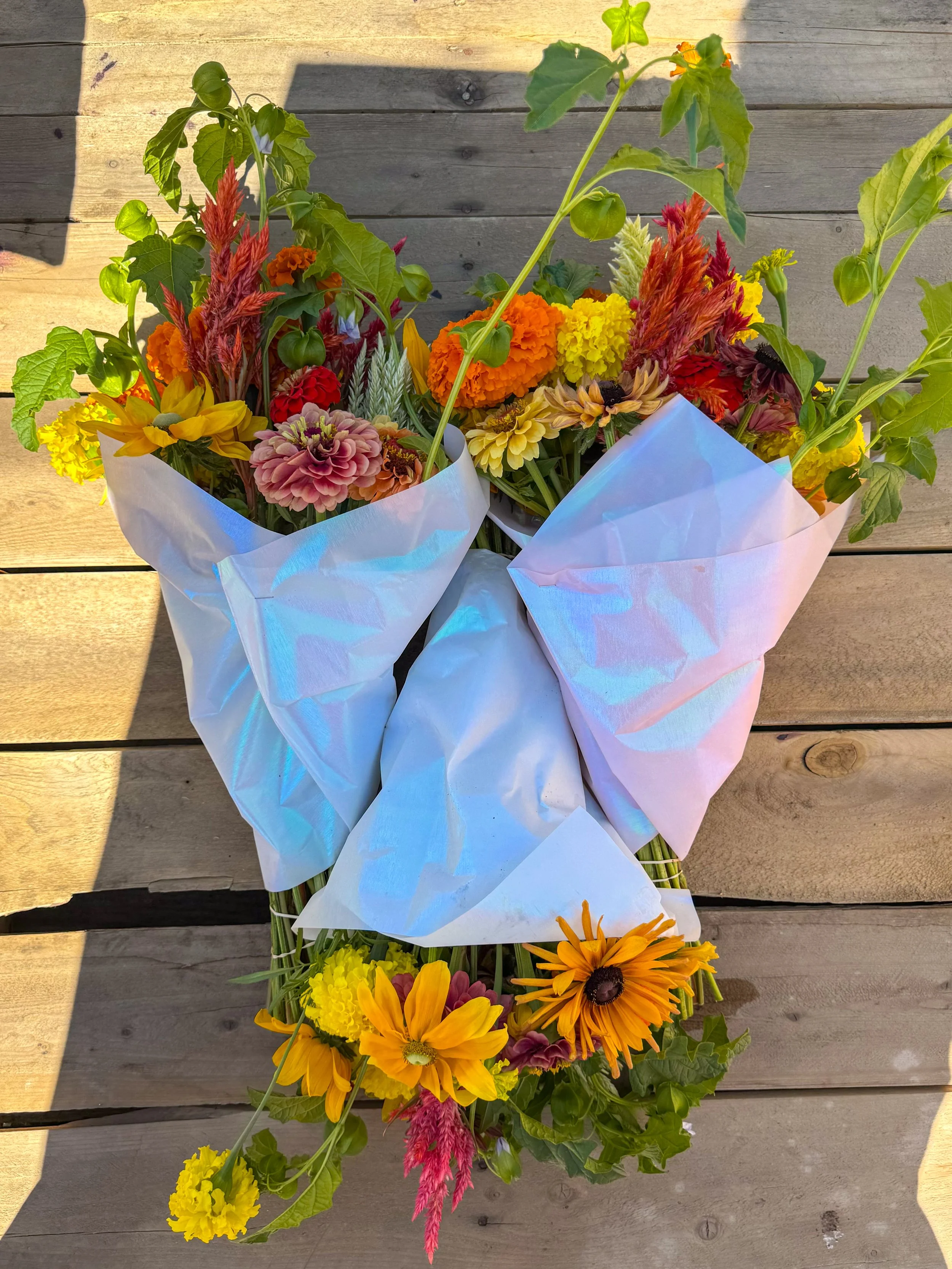 Colorful flower bouquet with orange, yellow, pink, and red flowers wrapped in iridescent tissue paper, placed on a wooden surface.