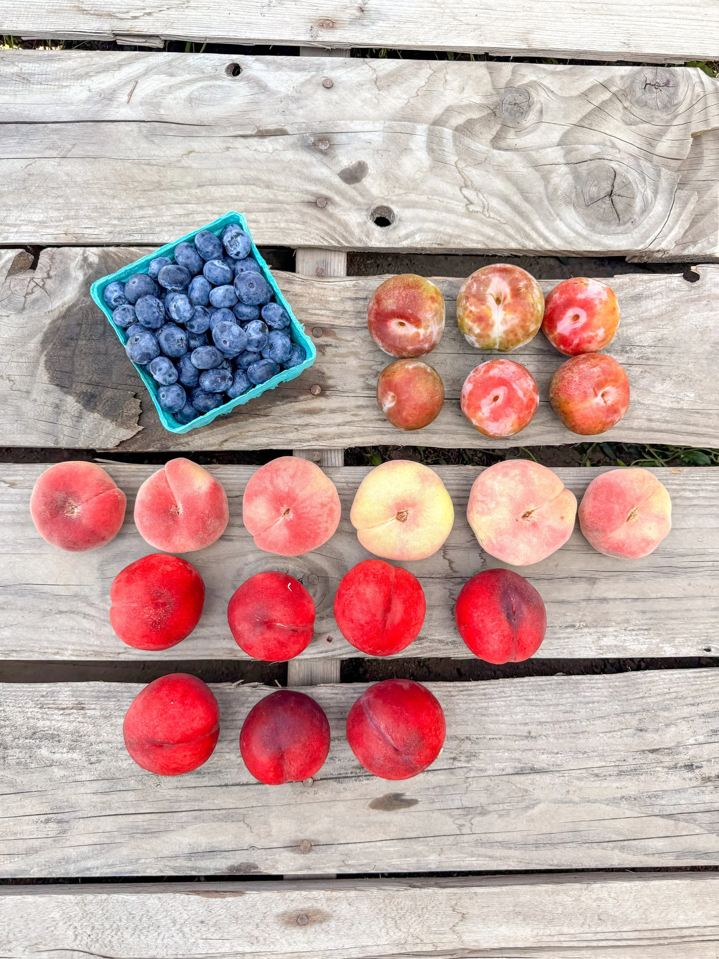 An assortment of fresh blueberries and peaches arranged on a wooden surface, with a small basket of blueberries in the top left corner.