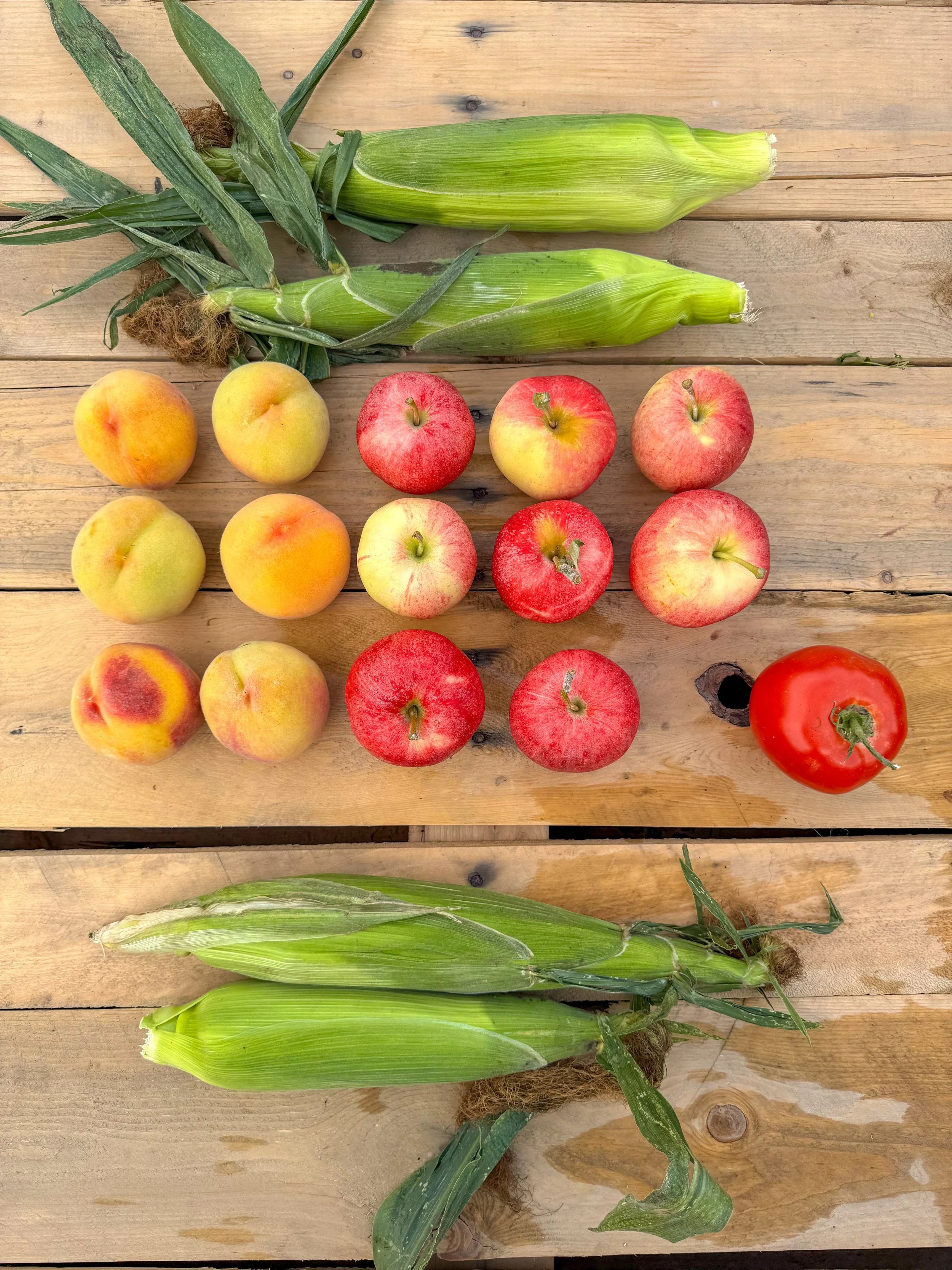 Arrangement of fresh corn, peaches, apples, tomatoes, and a red bell pepper on a wooden surface.