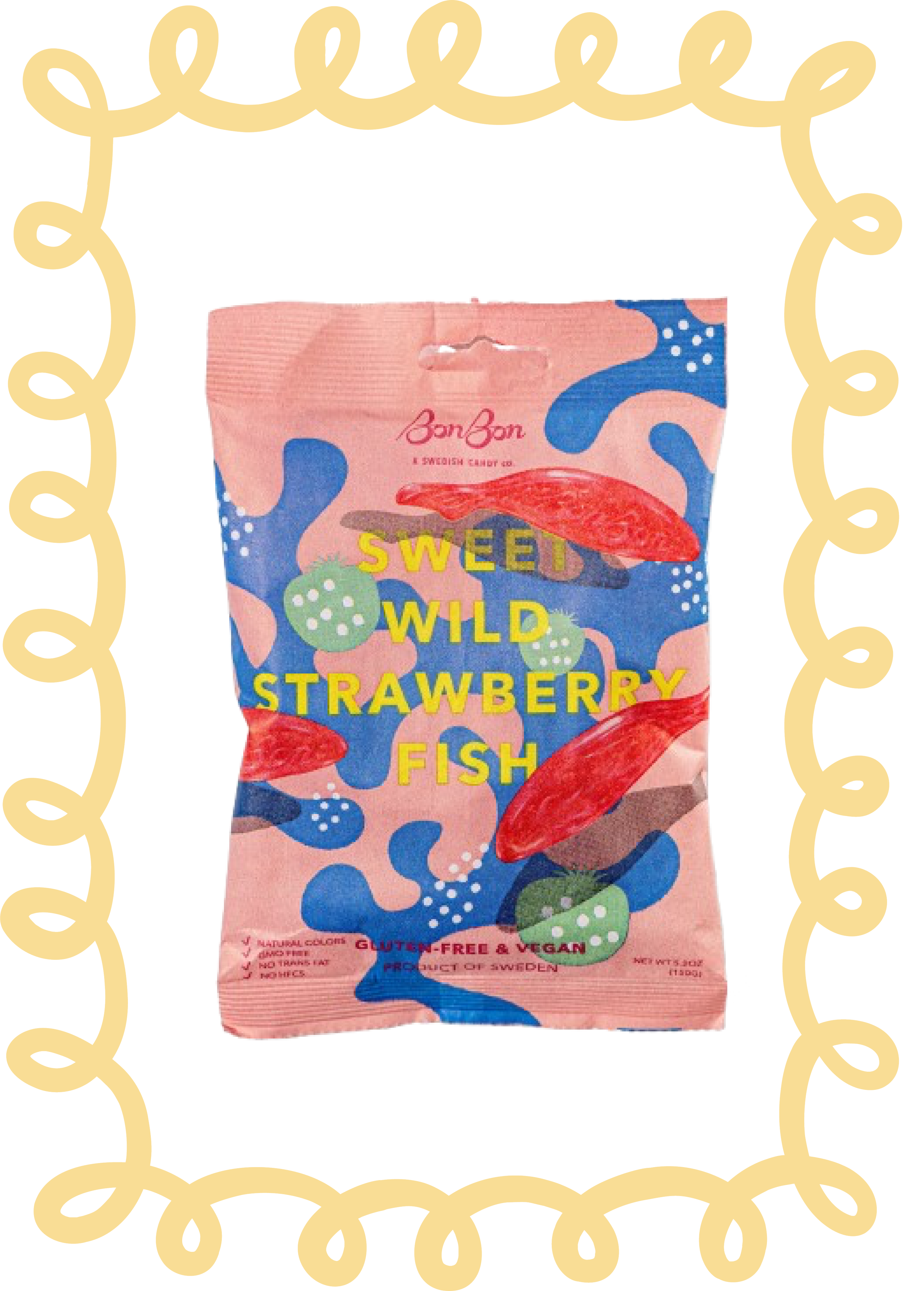 Package of Bon Bon Swedish Salt and Wild Strawberry Fish, pink and blue design with strawberries and abstract patterns.