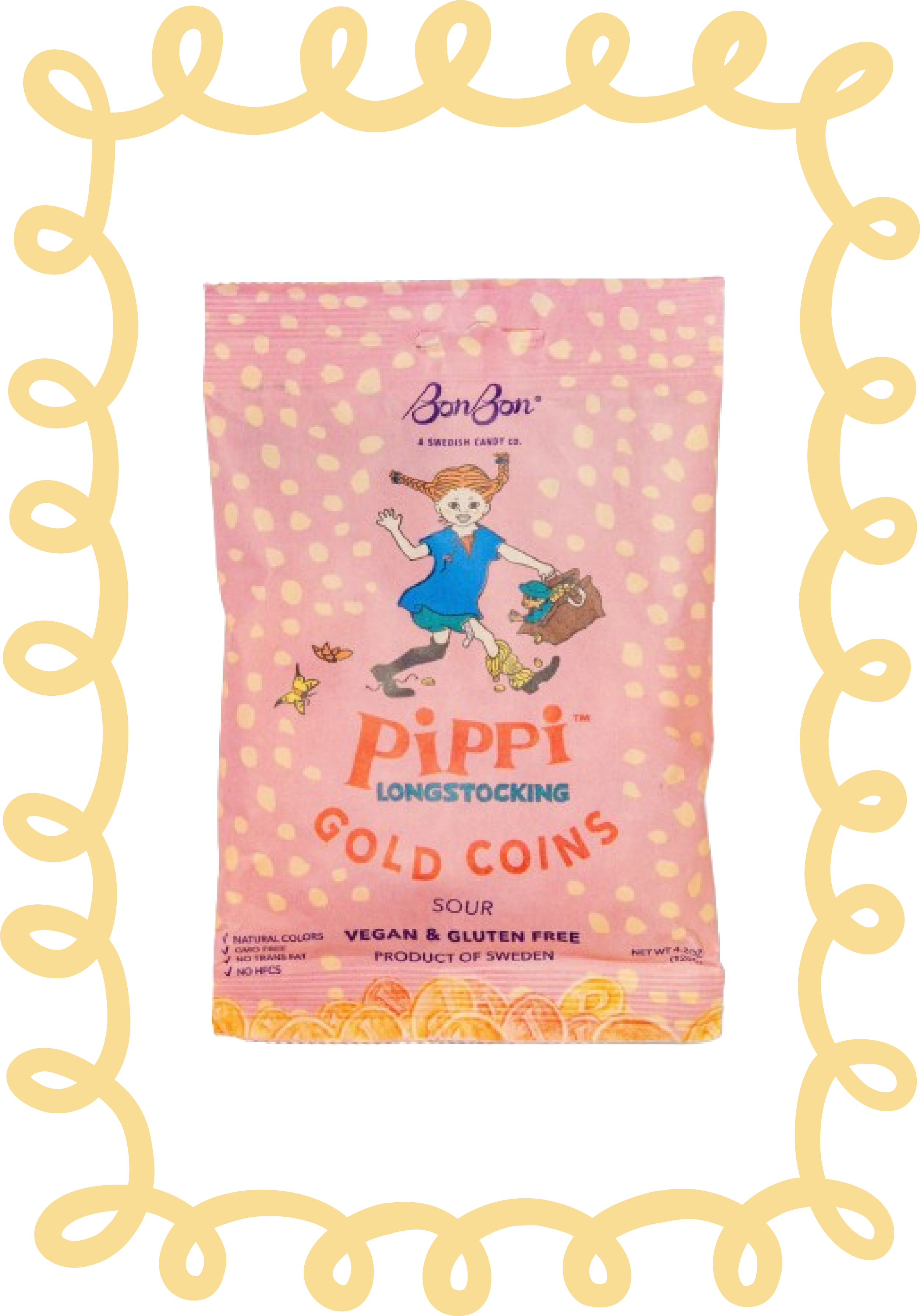 Pink packaging for Pippi Longstocking Gold Coins candy, featuring an illustration of Pippi with red pigtails, a blue dress, waving, and holding a bag of coins, with yellow circles at the bottom.
