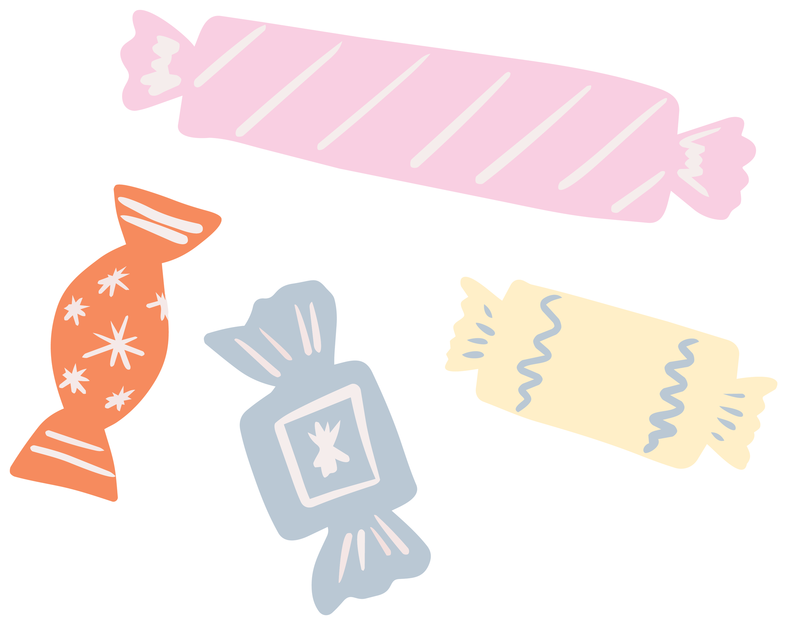 Colorful illustrations of four wrapped candies with different designs and colors.