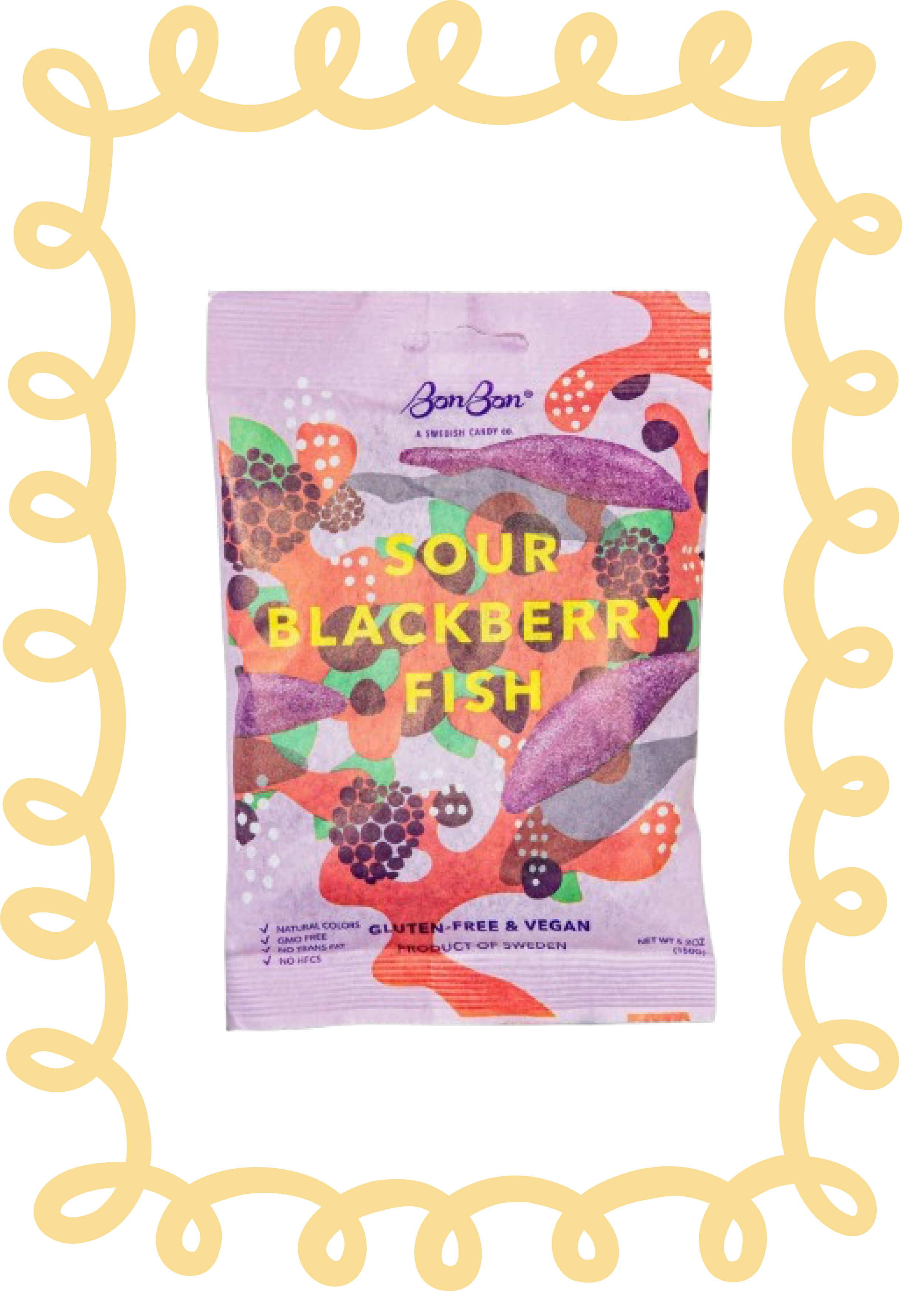 Package of Sour Blackberry Fish candy with colorful abstract design and text indicating it is gluten-free, vegan, and made in Sweden.
