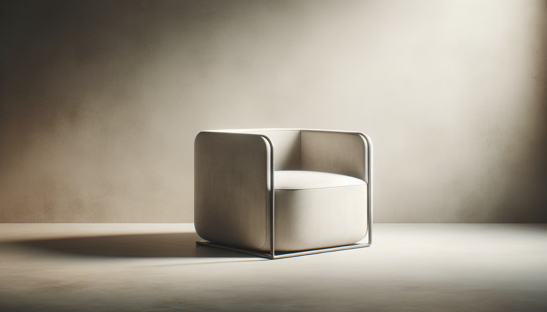 Minimalist beige armchair with a modern design, sitting on a plain light-colored floor in front of a neutral wall.
