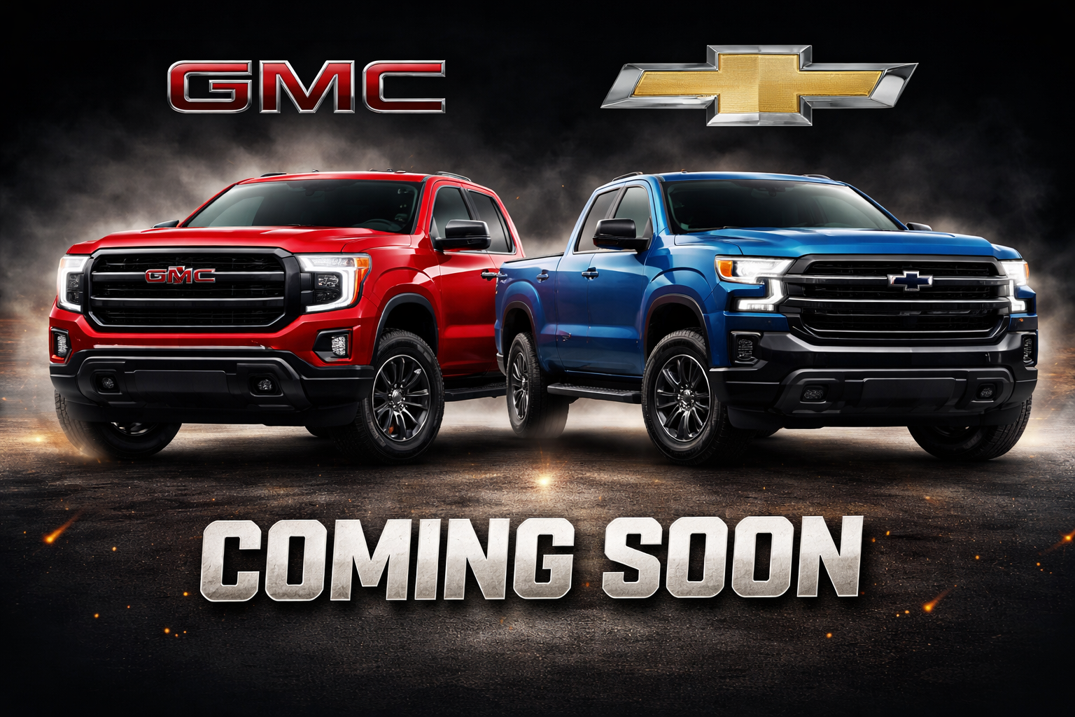 Red and blue GMC trucks with logos above, standing on a dark, smoky background with the text "COMING SOON" in bold silver letters at the bottom.