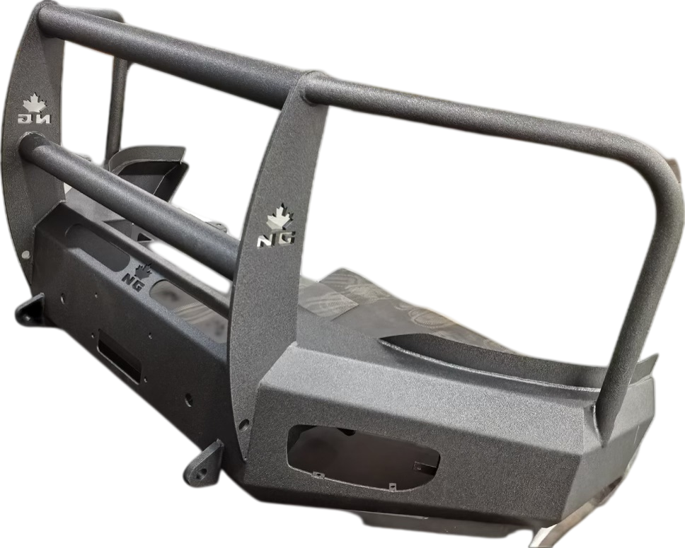 A black plastic and metal snowmobile bumper guard with handles.