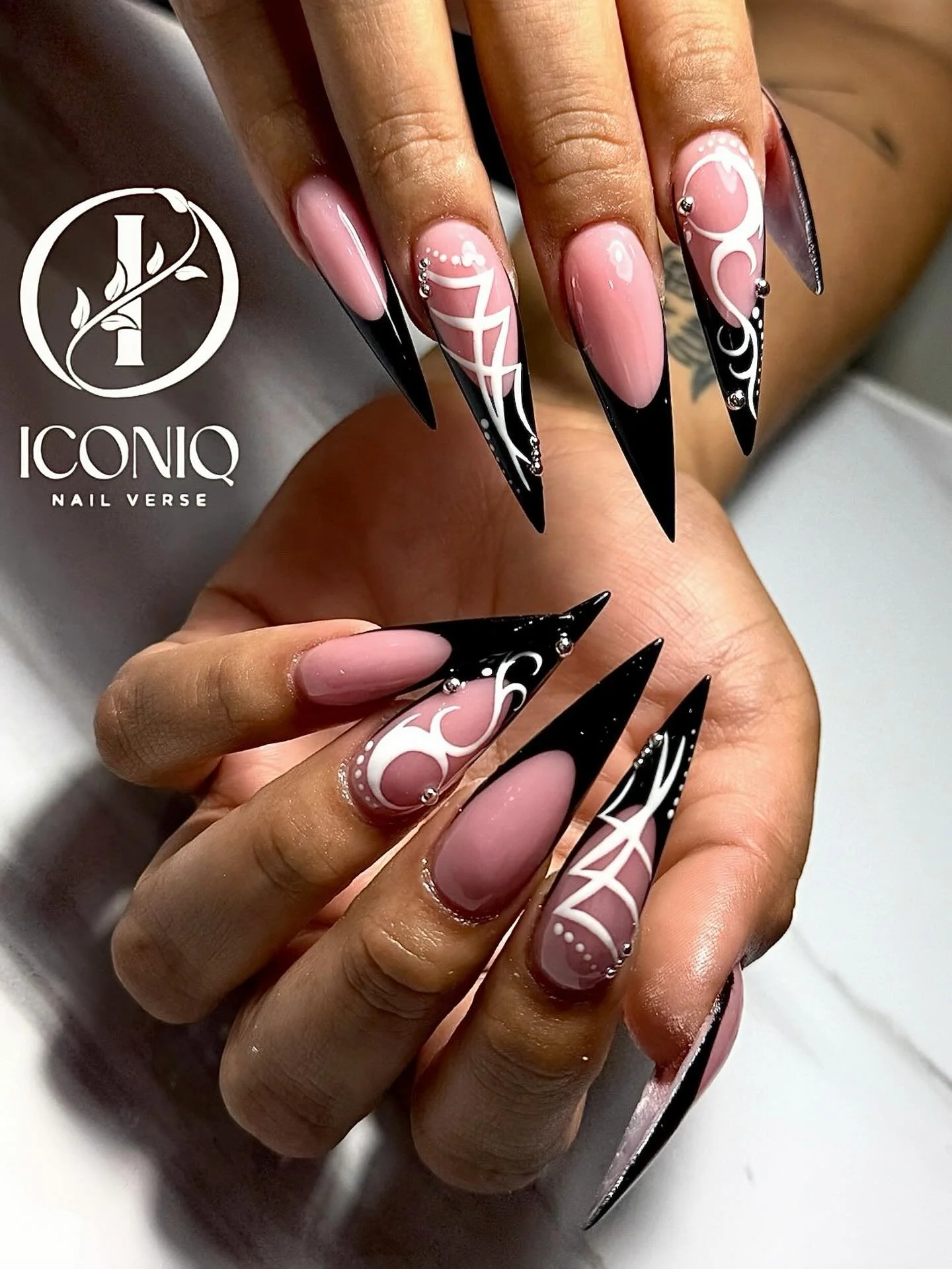 Pink base and Black Tip  Nails Design at Iconiq Nail Verse Richmond Tx