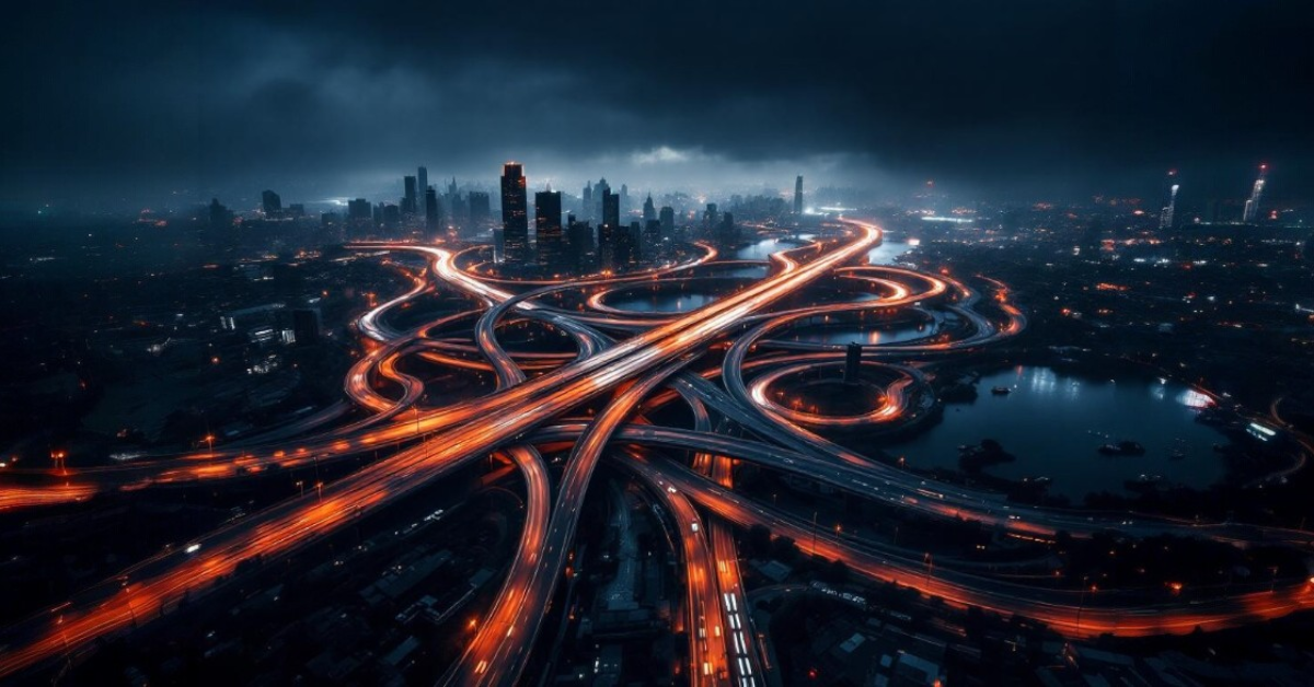 Aerial view of a city at night with illuminated highways and skyscrapers, under a dark cloudy sky.