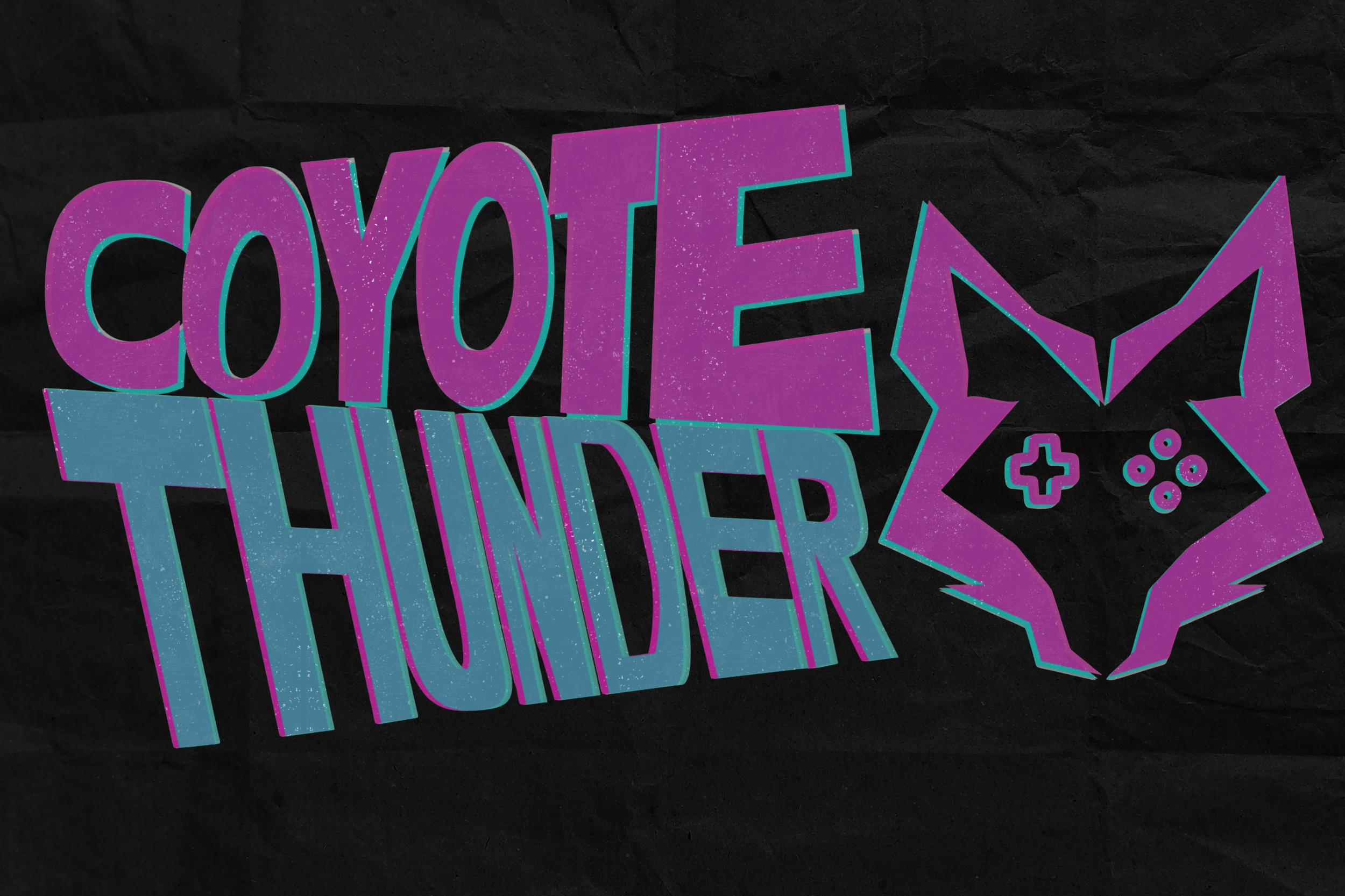Graphic displaying the title of the play "Coyote Thunder", in bold colors. To the right of the title, a coyote head graphic with video-game buttons for eyes.