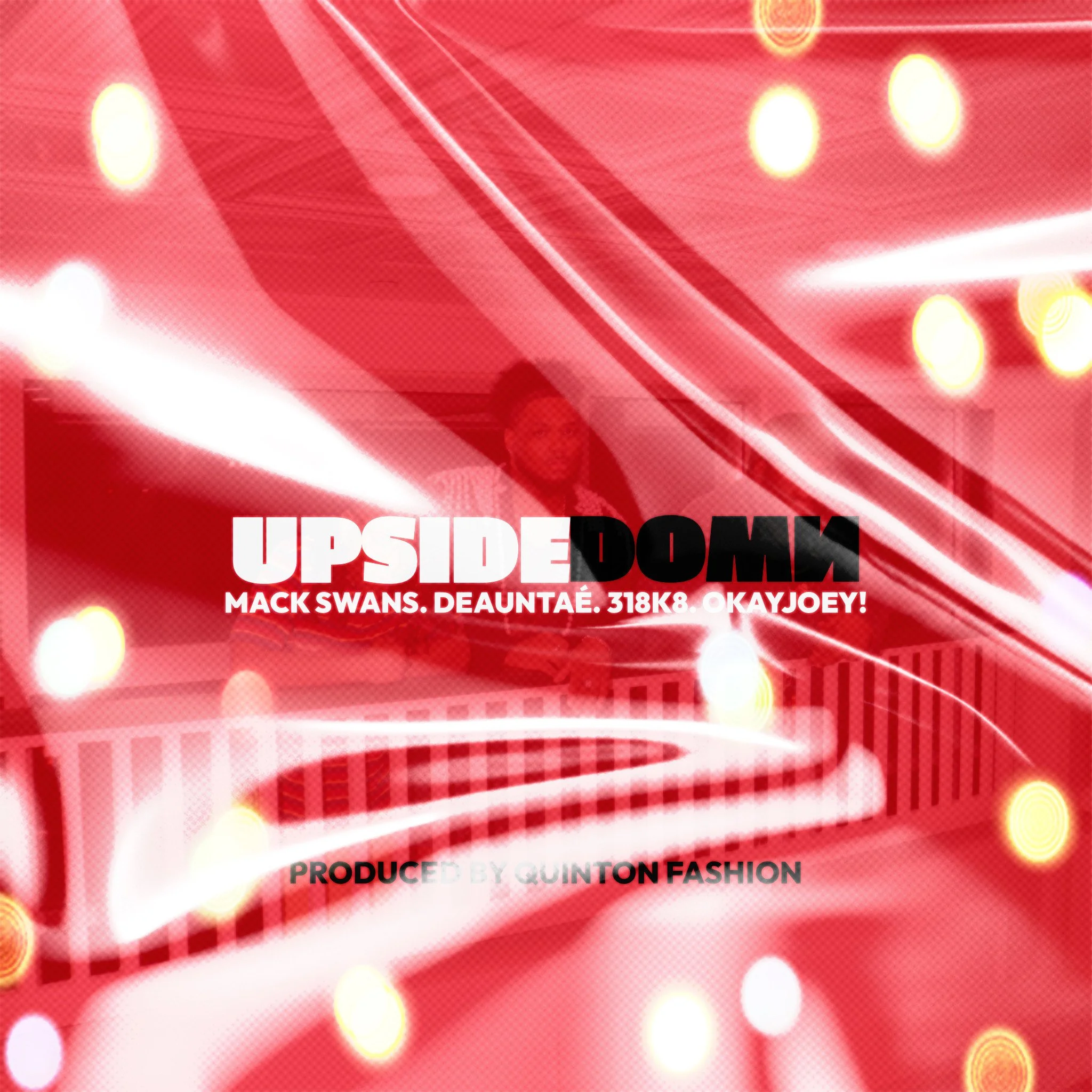 Stylized promotional poster with bright lights and red background, featuring text that says 'Upside Down', and smaller text with names and credits.