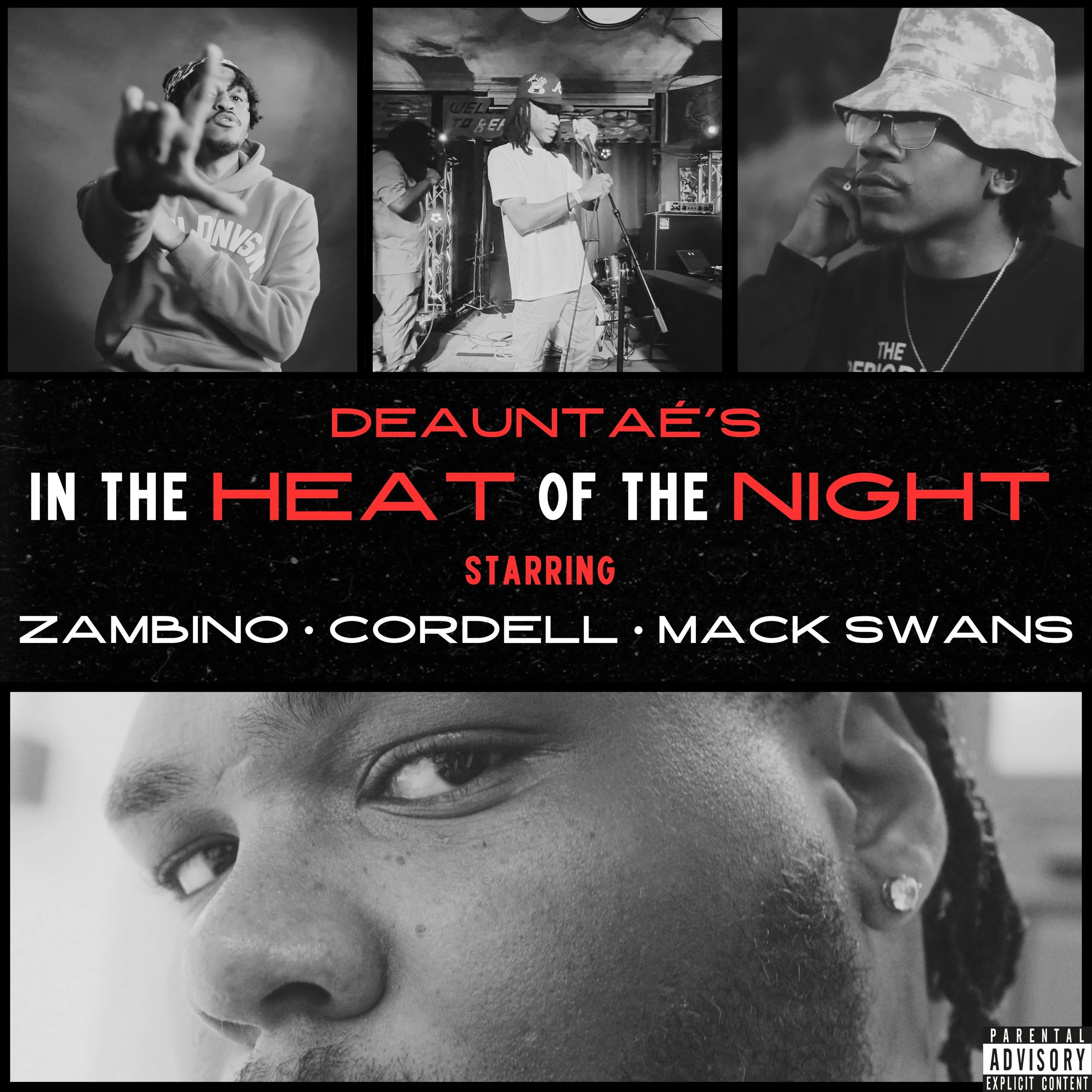 Poster advertising a music event titled "DeAunté's In the Heat of the Night" starring Zambino, Cordell, and Mack Swans, featuring three photos of the performers, including a young man pointing, a singer holding a microphone, and a person wearing a bucket hat, along with a close-up black-and-white portrait of a man with an earring.