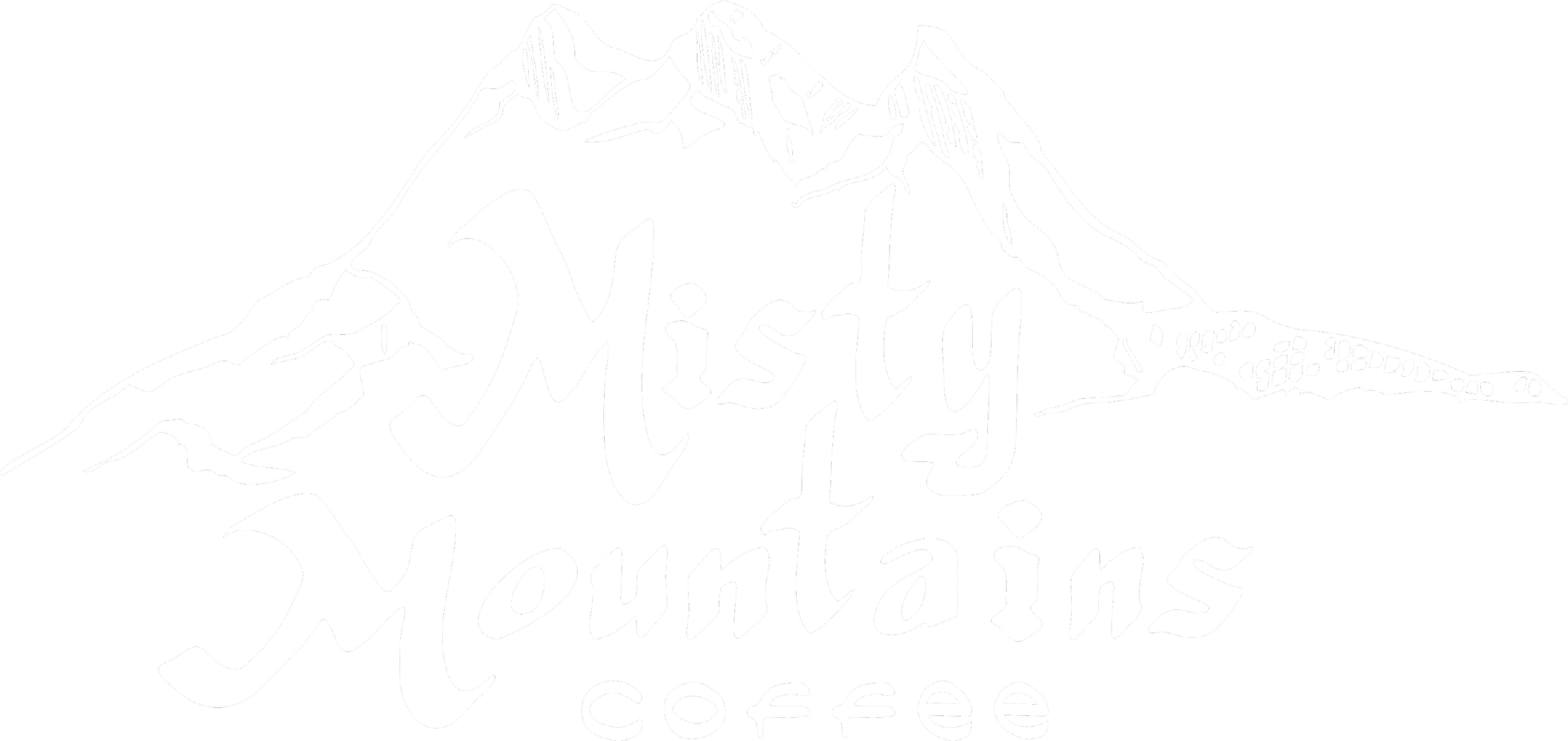 A black and white logo with a mountain illustration and the text "Misty Mountains Coffee" in a stylized font.