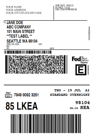 Shipping label for a FedEx package with tracking barcode, sender address in Seattle, and recipient addressing in Seattle, Washington.