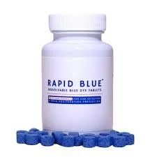 Bottle of Rapid Blue dietary supplement with blue pills in front