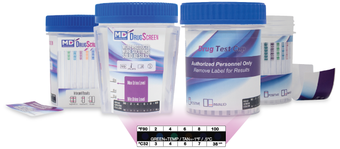 Multiple containers of drug testing kits labeled 'Drug Test Cups' and 'Drug Screen,' along with an open test cup and a color chart for interpreting results.
