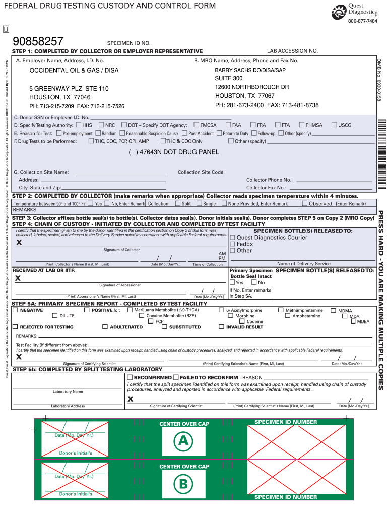 A federal drug testing custody and control form filled out with specimen details for OCCIDENTAL OIL & GAS / DISA, located in Houston, Texas. The form includes specimen ID, collector details, collection site, test types, and chain of custody information, with sections for specimen confirmation and splitter test results. The form also features a specimen identification box with colored labels and cross marks.