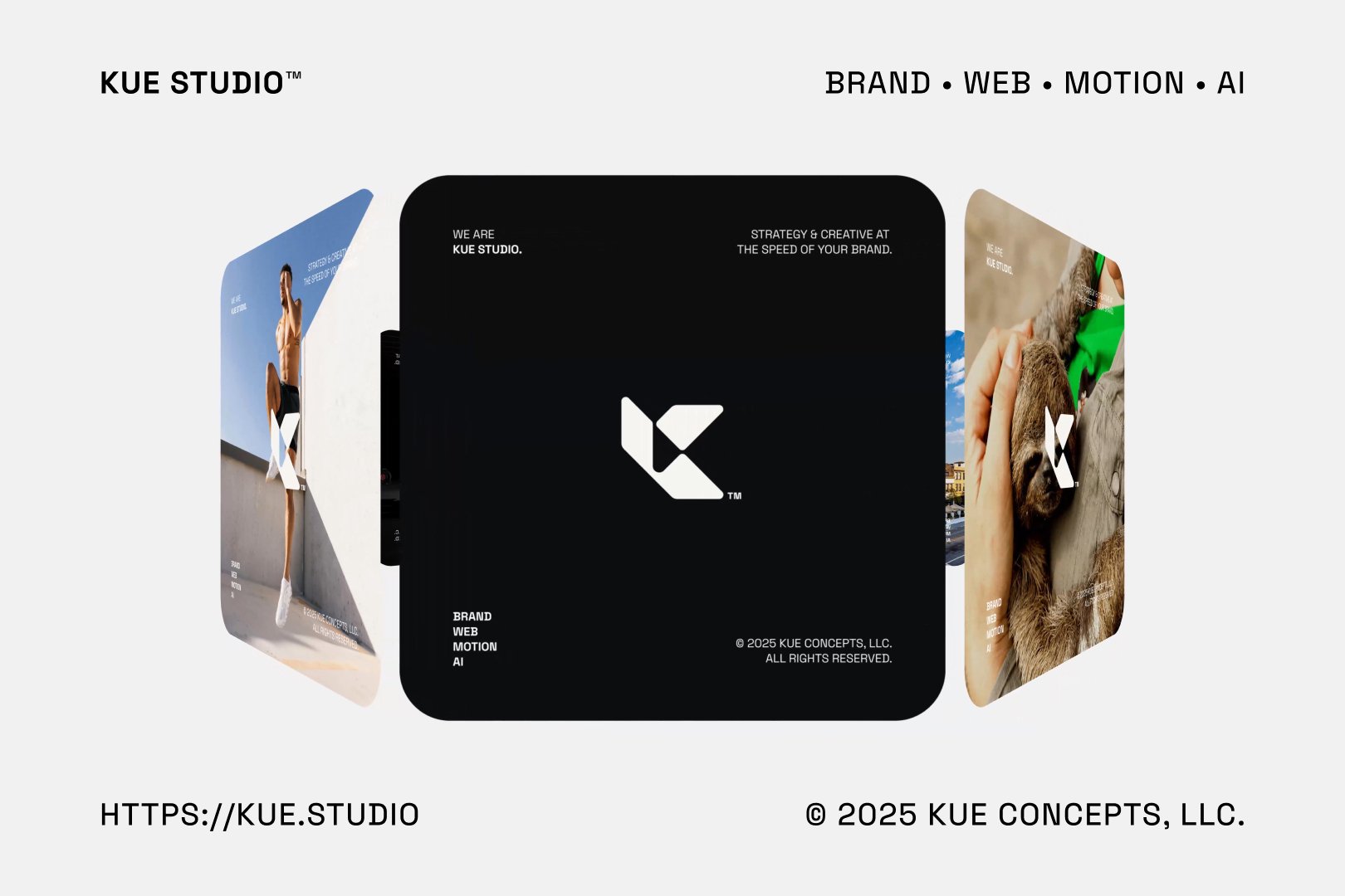 Centered logo of KUE Studio with surrounding images of a person in athletic wear, a kitten, and a cityscape, all on a white background. Text includes website URL and copyright information.