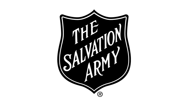 Black background with a white shield-shaped logo that reads 'The Salvation Army' in stylized text.