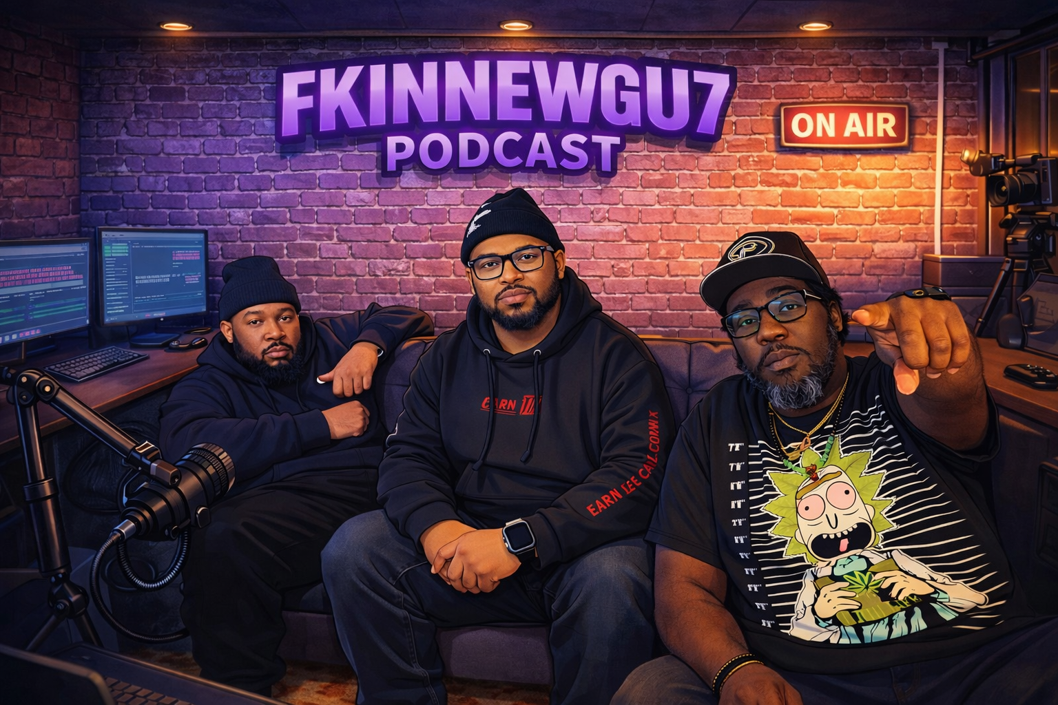 Three men sitting on a couch in a podcast studio with brick wall background. Signs read 'FKINNEWGUZ PODCAST' and 'ON AIR.' Two computer monitors with audio editing software, microphones, and cameras are visible.
