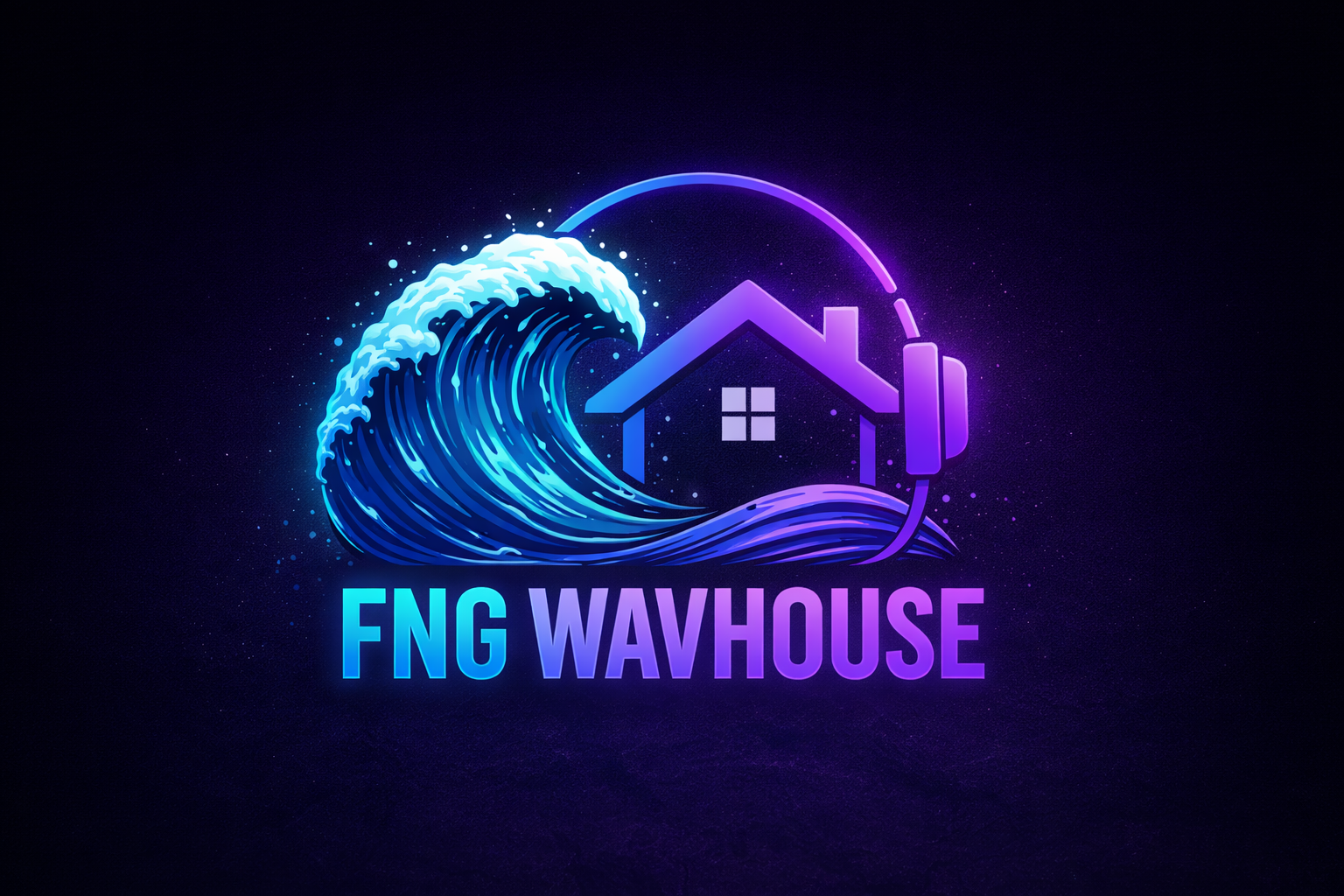 Neon-style digital logo featuring a house with a wave crashing in front, a headset surrounding the house, and the text 'FNG Wavhouse' at the bottom.