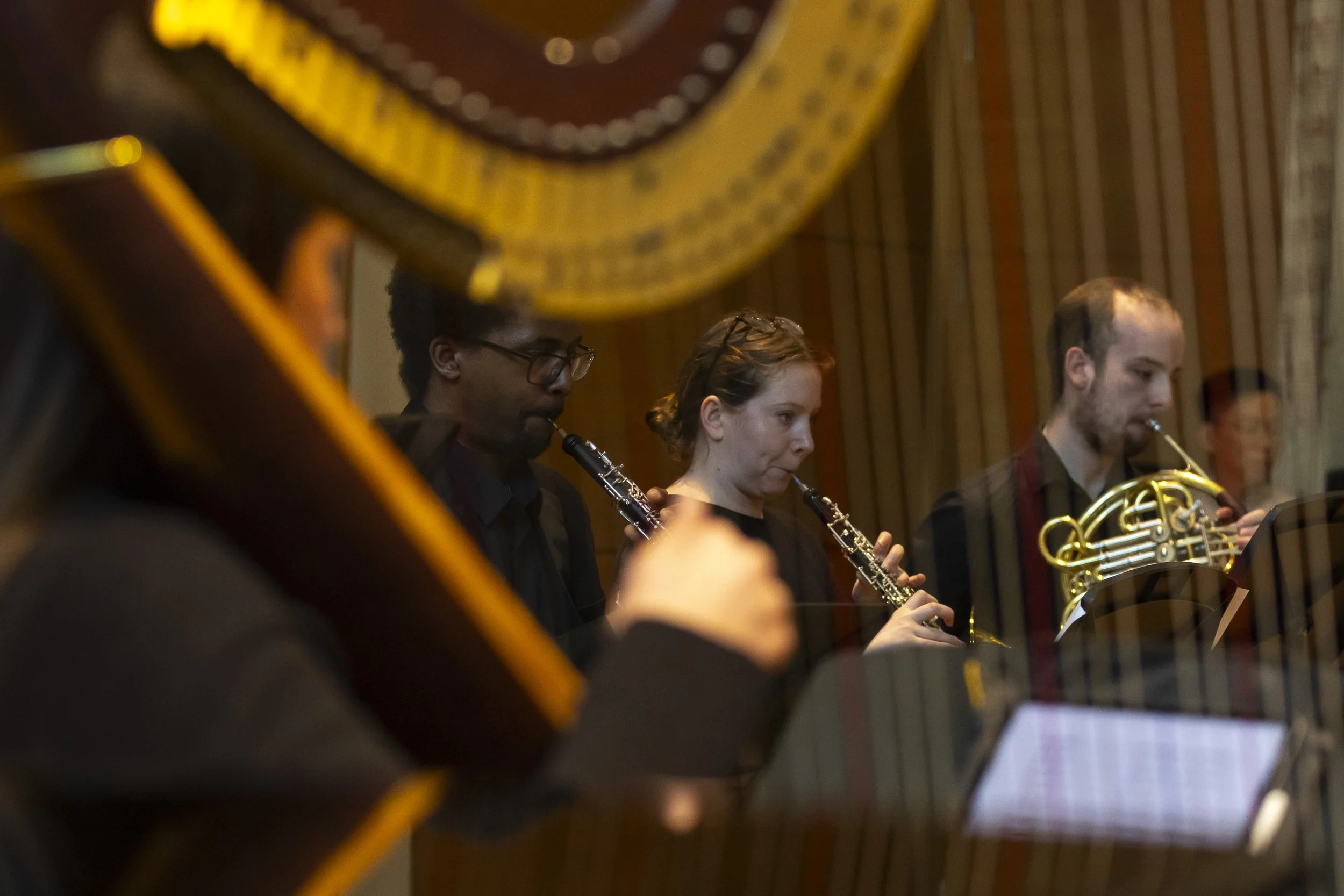 Musicians playing wind instruments, including clarinet and French horn, in a recording studio with wood paneling.