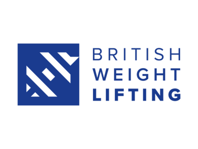 British Weight Lifting logo with stylized letters and text in blue on a black background.