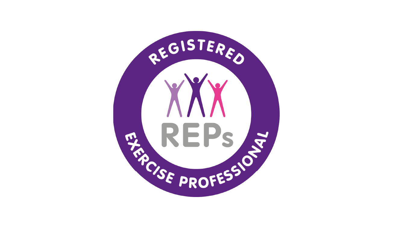 Logo of Registered Exercise Professional with three stylized figures and purple circle.