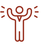 Red stick figure icon with raised arms and radiating lines, suggesting excitement or celebration.