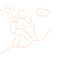 Icon of a person hiking with a backpack on a mountain, sun and cloud in the background.