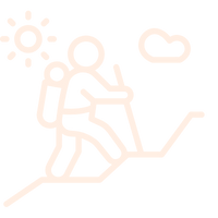 Line drawing of a hiker climbing with a backpack, sun, and cloud