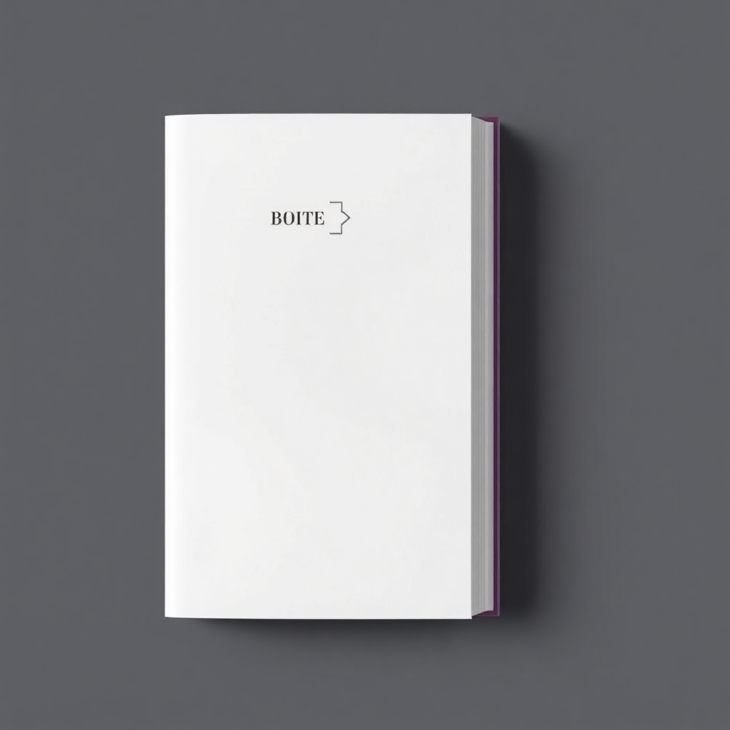 A white notebook or book with the word "BOITE" and an arrow on the cover, placed on a plain gray background.
