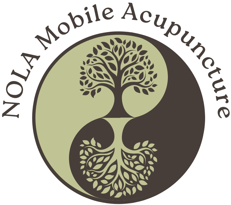Logo of NOLA Mobile Acupuncture featuring a tree with roots that resemble a yin-yang symbol, in green and black colors.