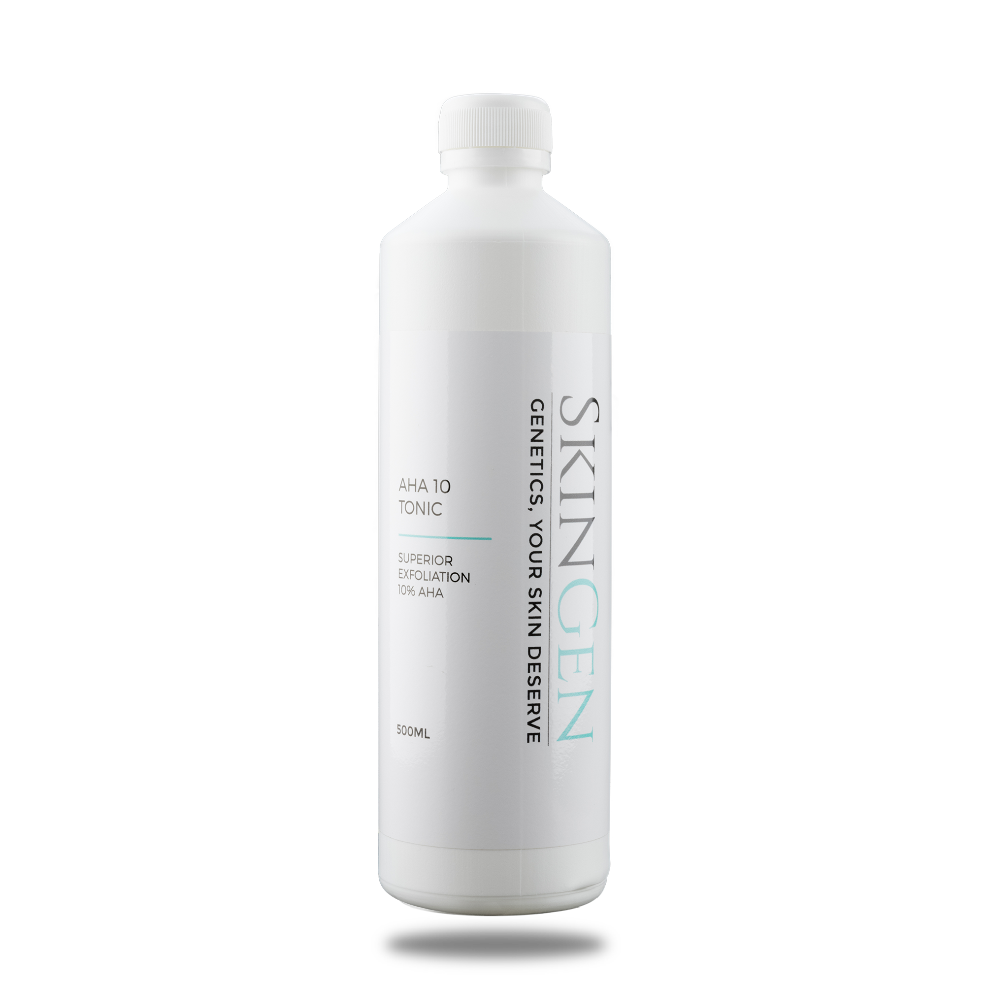 A white plastic bottle of Skingen AHA 10 Tonic with a white screw cap, labeled as a skincare exfoliation product containing 10% AHA, against a black background.