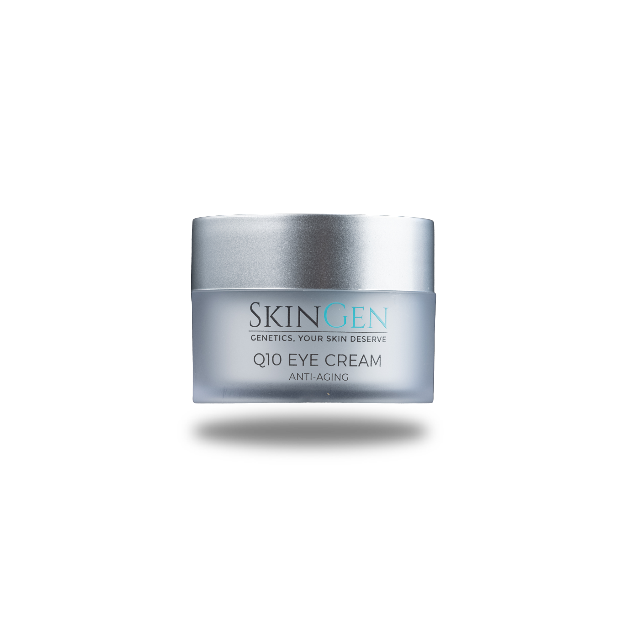 A silver jar of SkinGen Q10 Eye Cream against a black background.