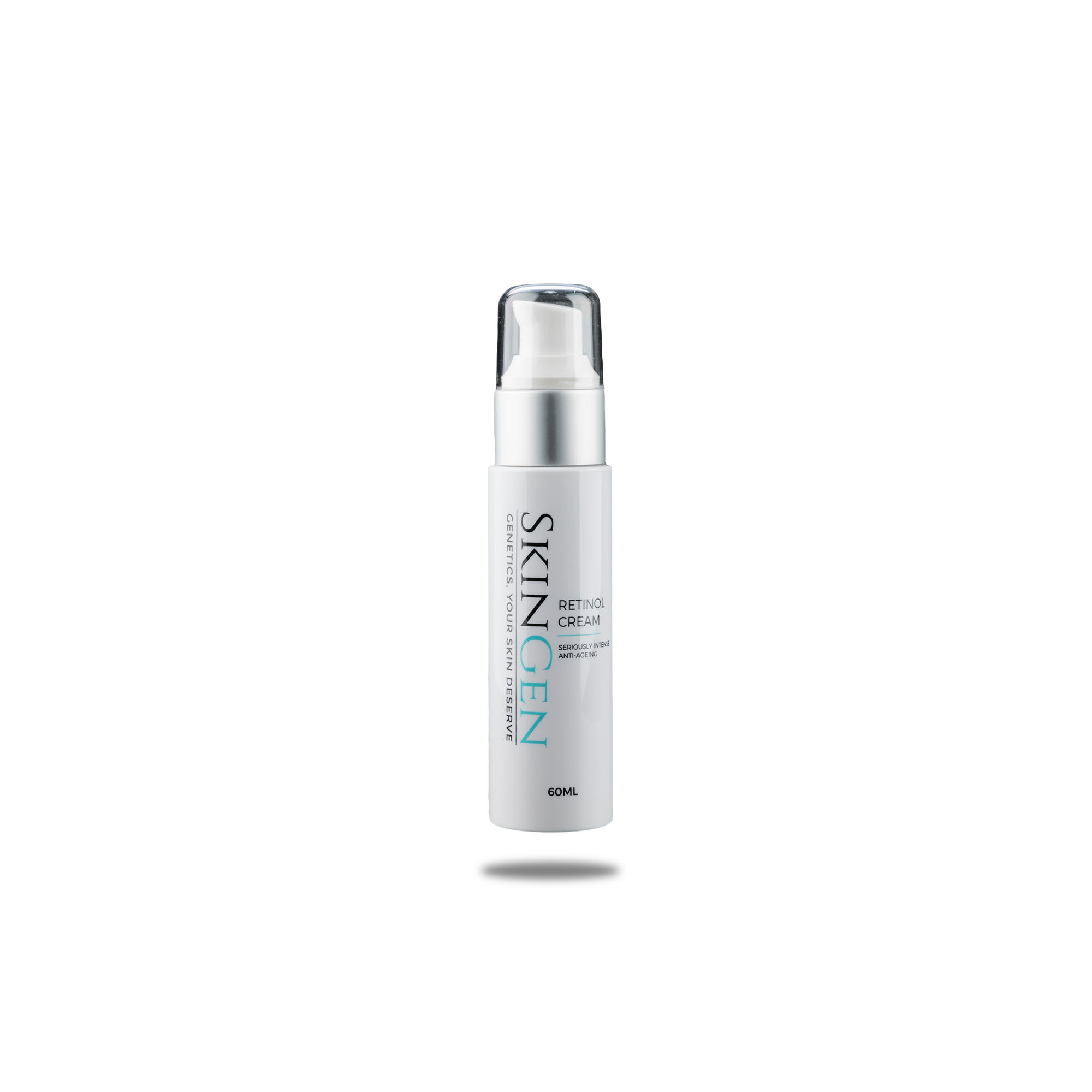 Bottle of Skinogen retinol cream with a white pump dispenser and silver accents, standing on a gray surface against a black background.