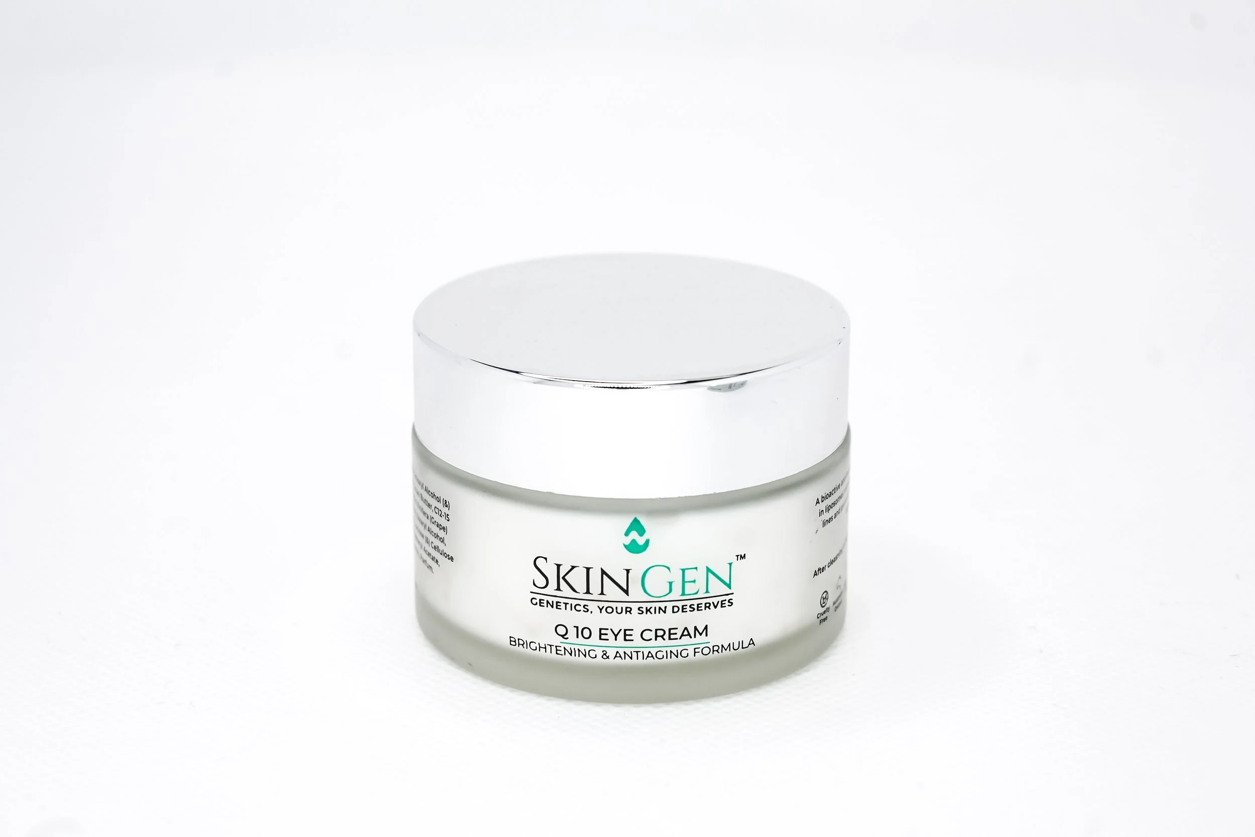 A jar of SkinGen Q10 Eye Cream with brightening and anti-aging formula, placed on a white background.
