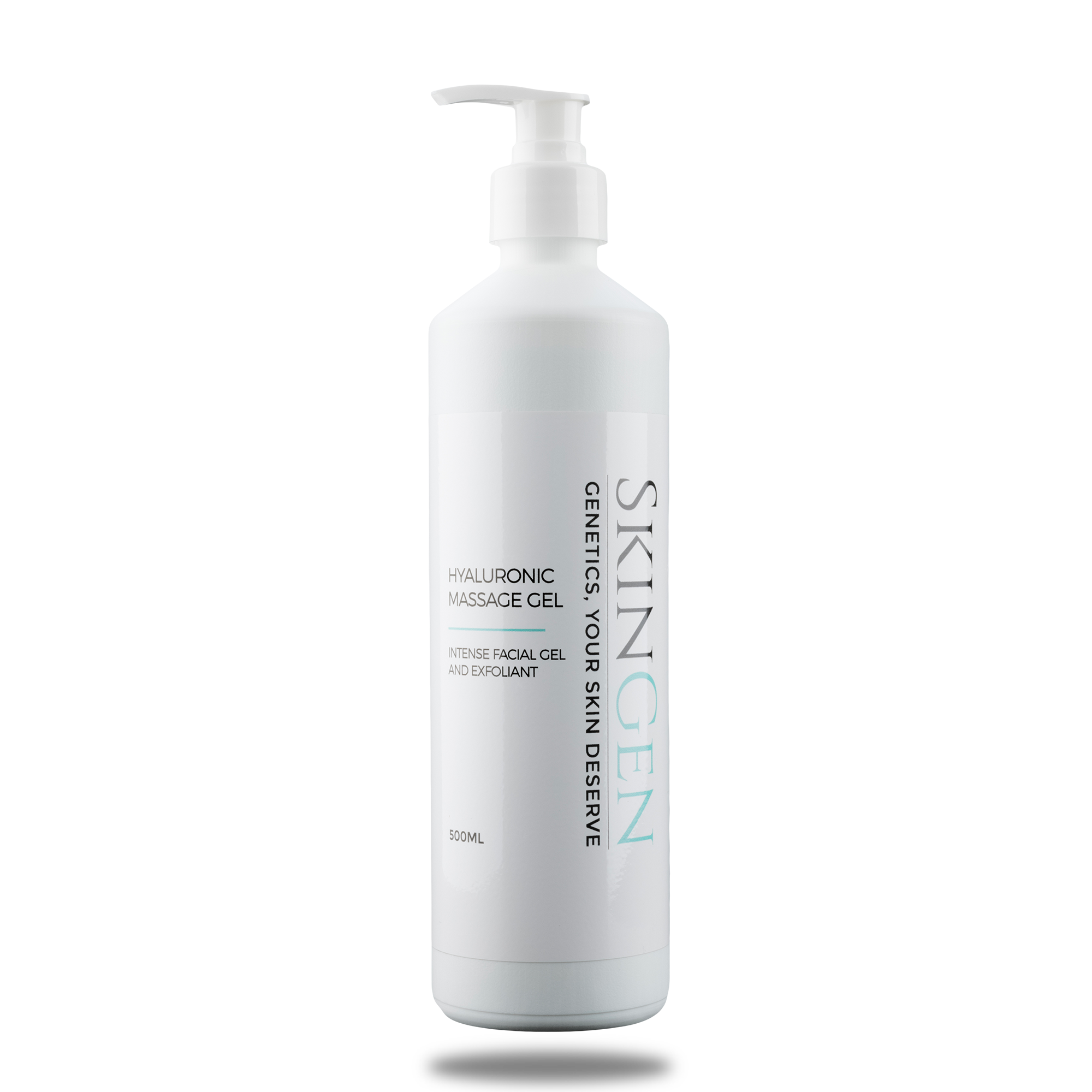 White bottle of skin care product labeled 'Skin Gen,' 'Hyaluronic Massage Gel,' and 'Intense Facial Gel and Exfoliant,' with a pump dispenser and a minimalist design.