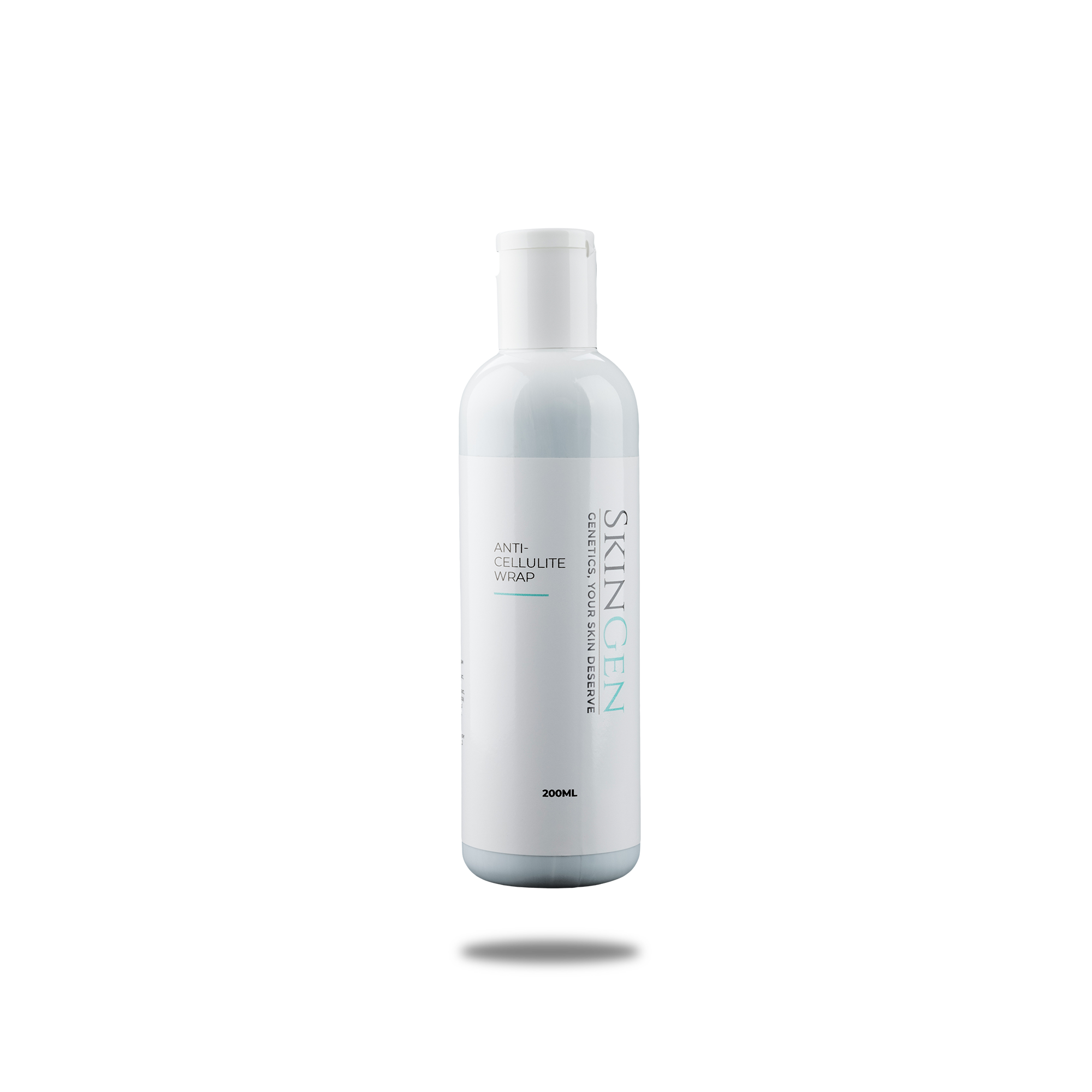 A white bottle of Skinen Anti-Cellulite Wrap with a pump dispenser, standing on a reflective surface.