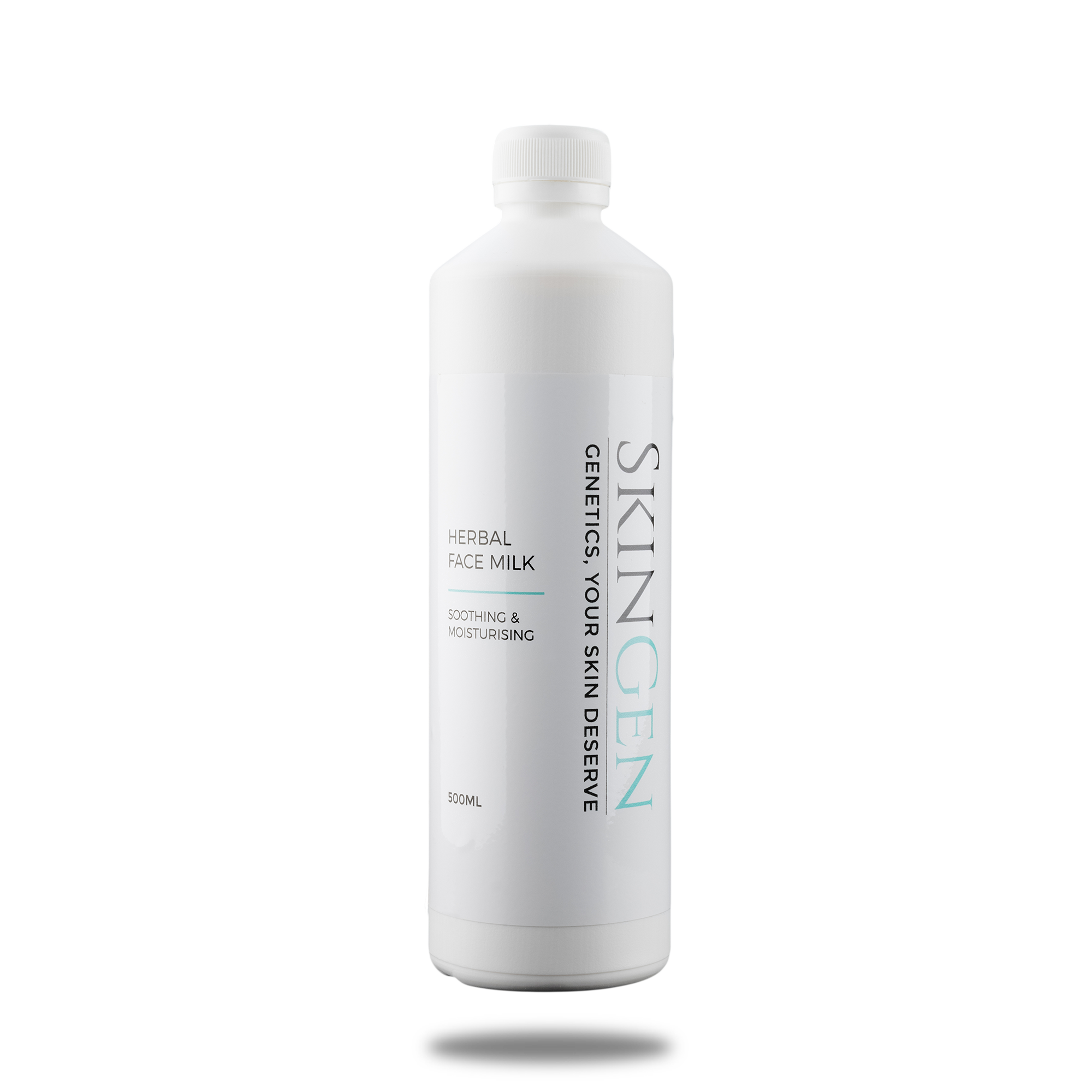 White bottle of herbal face milk with the label 'SkinGen, Your Skin Reserve, Soothing & Moisturising' placed on a black background with a blue and gray box in the background.