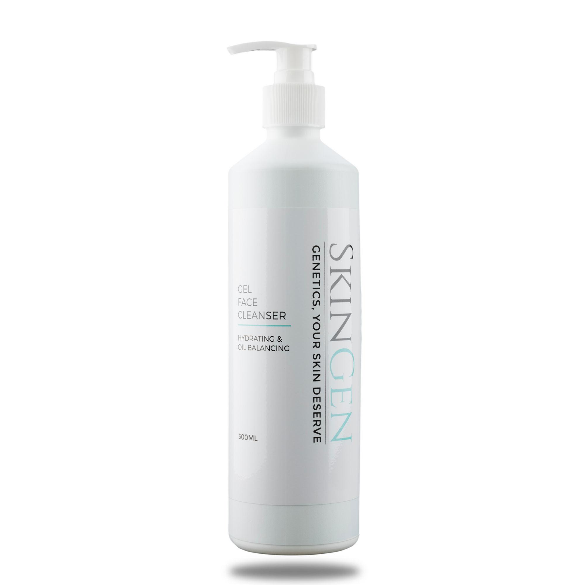 White bottle of SkinGen gel face cleanser with pump top, labeled as hydrating and oil balancing, 500ml