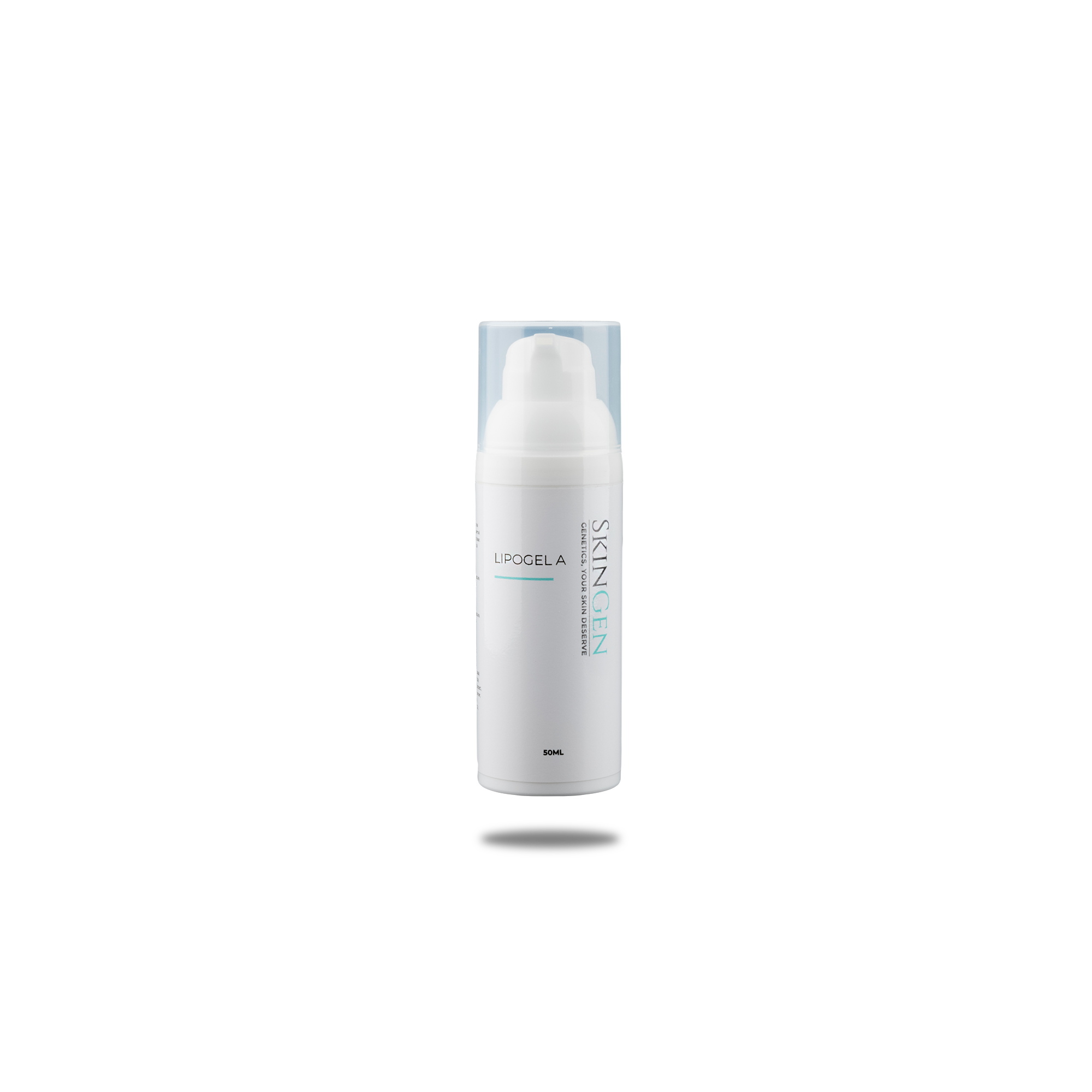 A white bottle of skincare product labeled 'Lipogel A' standing next to a rectangular gray object on a black background.