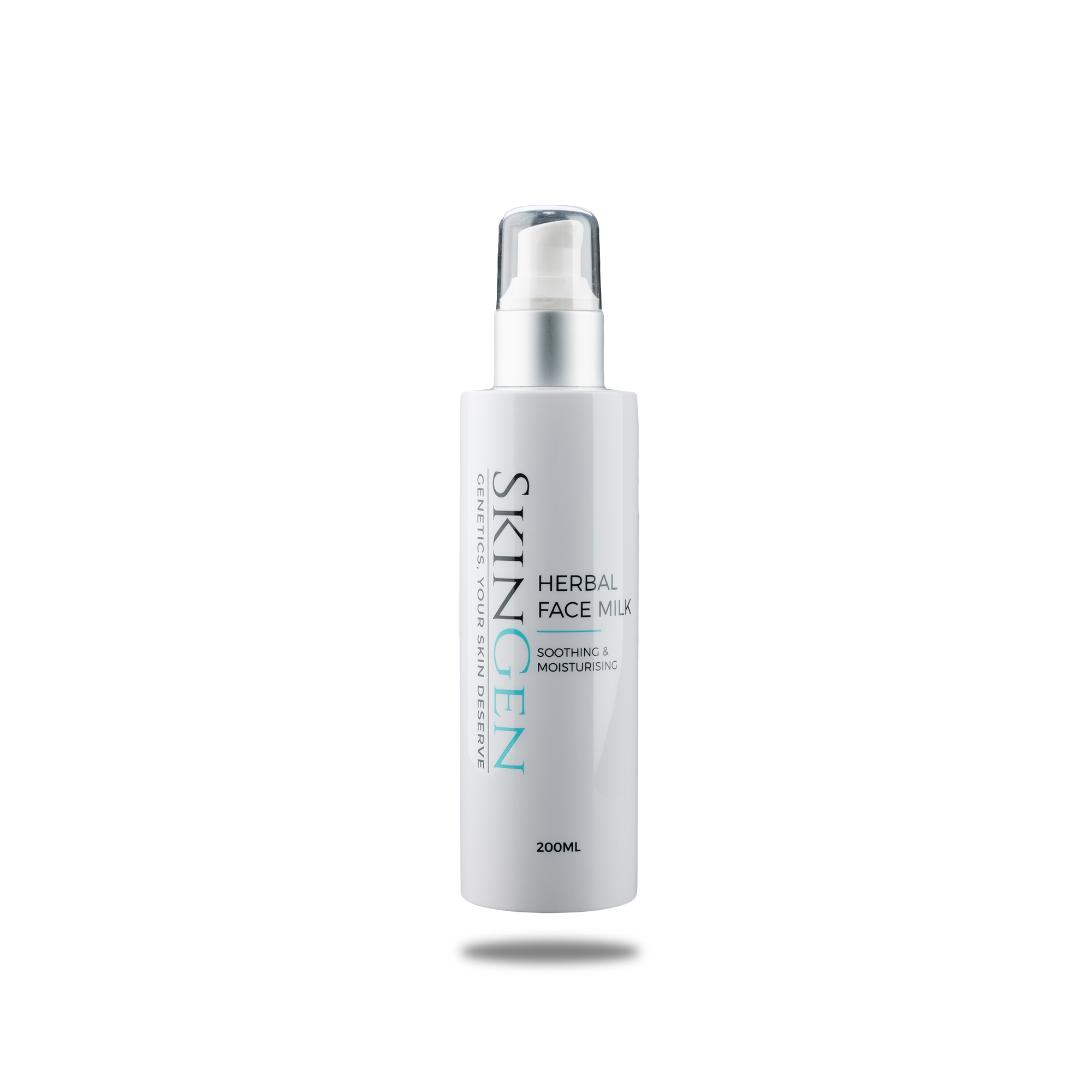 A bottle of SKIN GAIN Herbal Face Milk, a skincare product, with a white pump dispenser and label, beside a gray rectangular box.