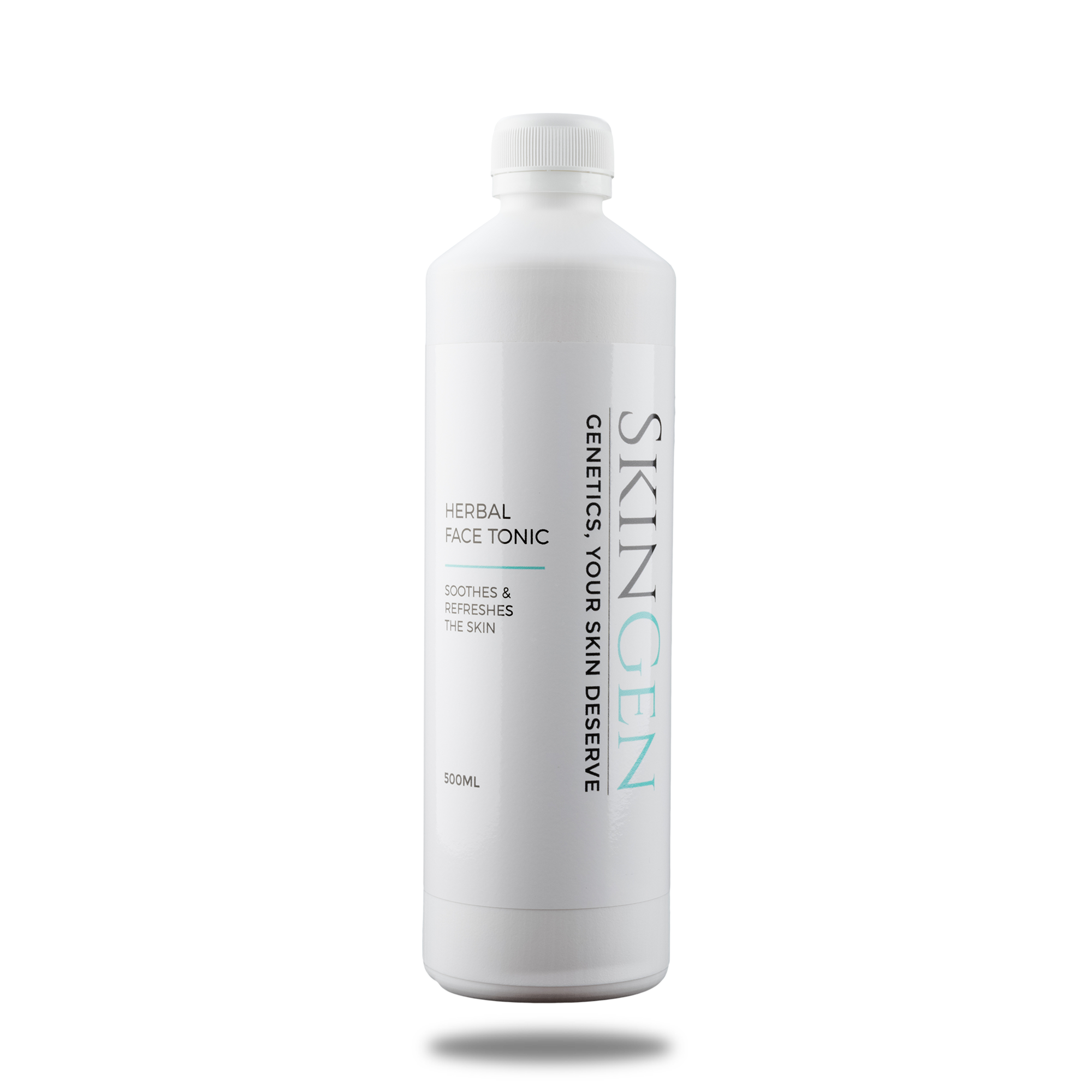 White bottle of herbal face toner from Skin Gen, labeled 'Herbal Face Tonic' with the tagline 'Soothes & Refreshes the Skin,' containing 500ml.